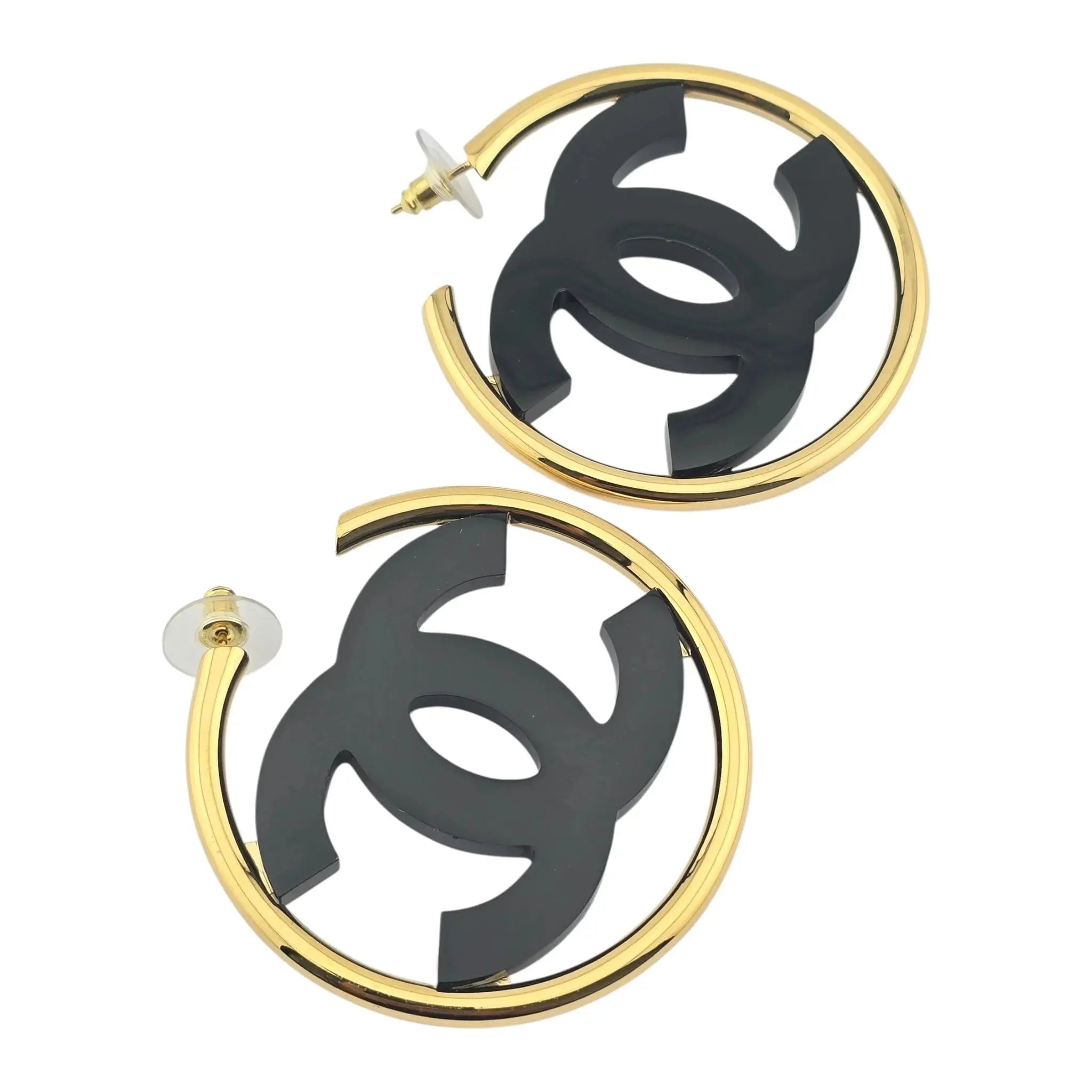 Chanel CC Black/Gold Hoop Earrings B24 CHANEL