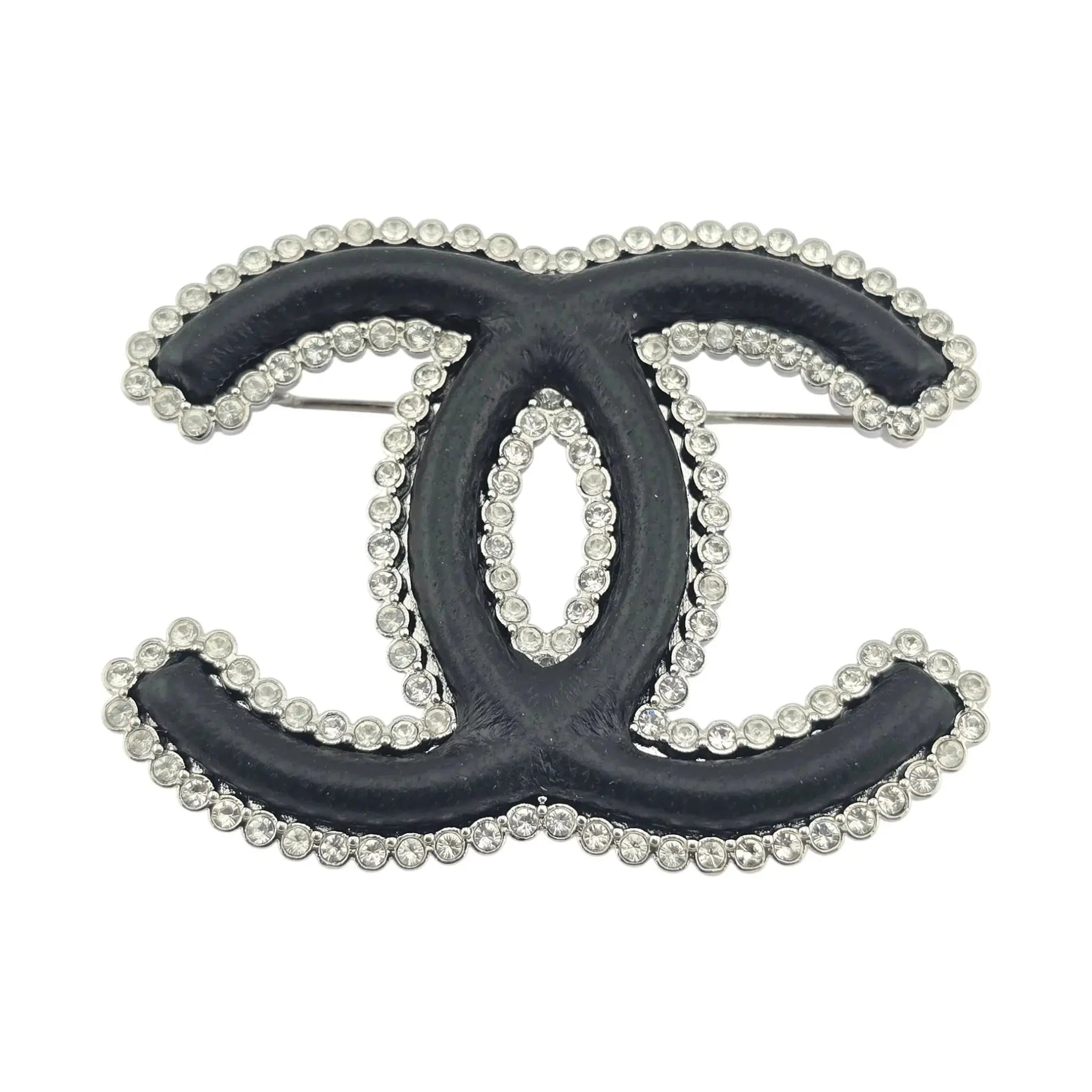 Chanel CC Crystal Leather Silver Tone Pin Brooch 2022 CHANEL