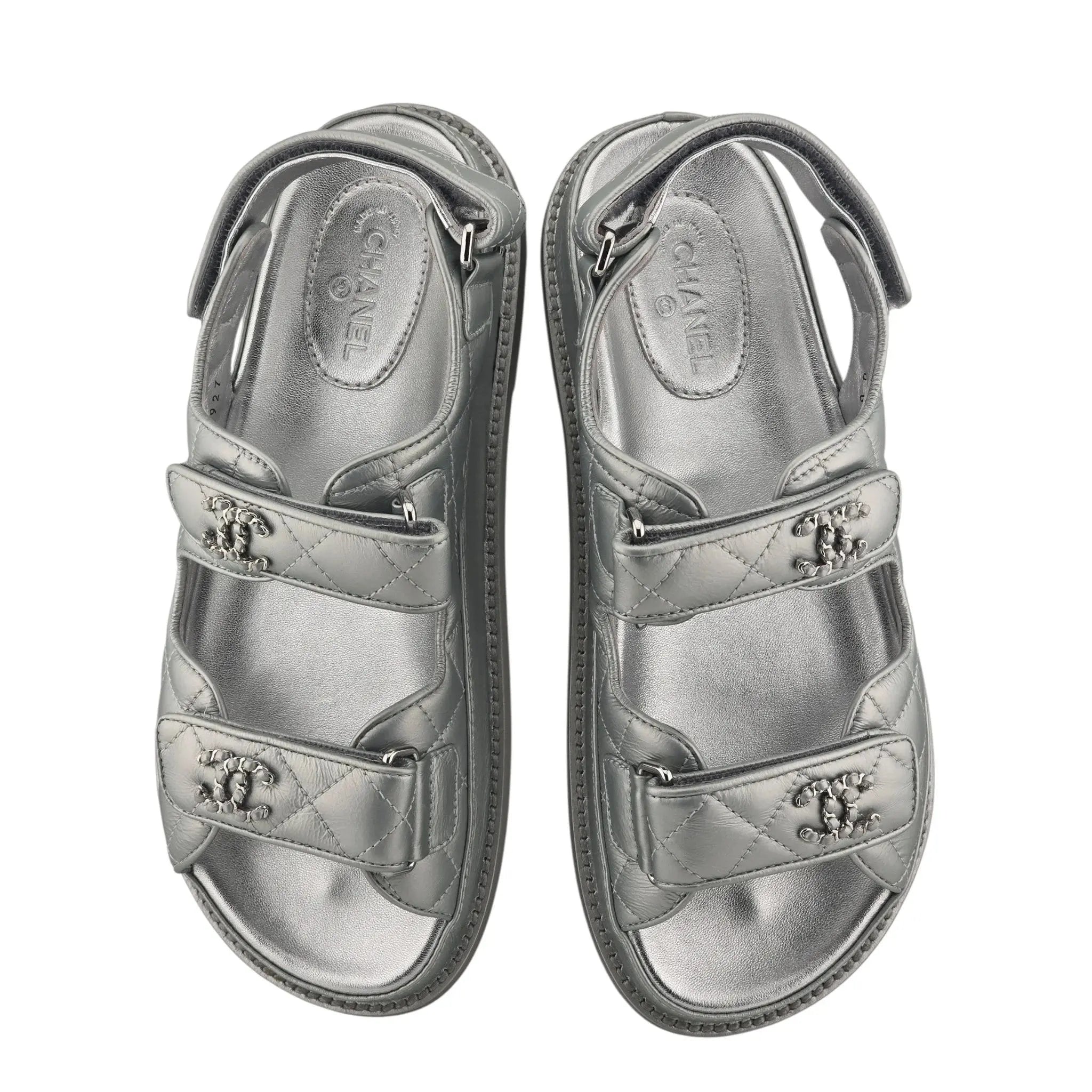 Chanel CC Silver Metallic Leather Dad Sandals CHANEL