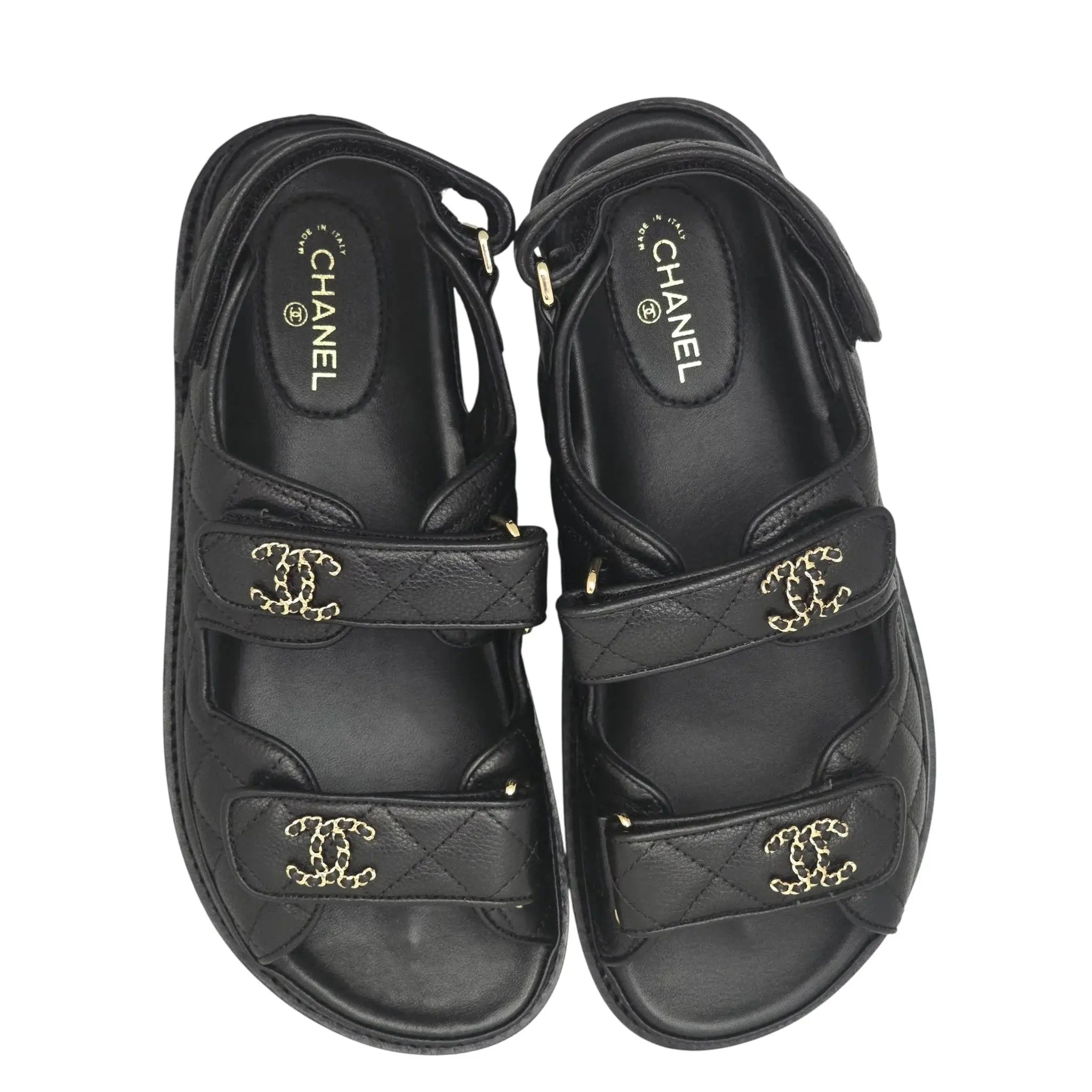 Chanel CC Quilted Caviar Leather Black Dad Sandals CHANEL