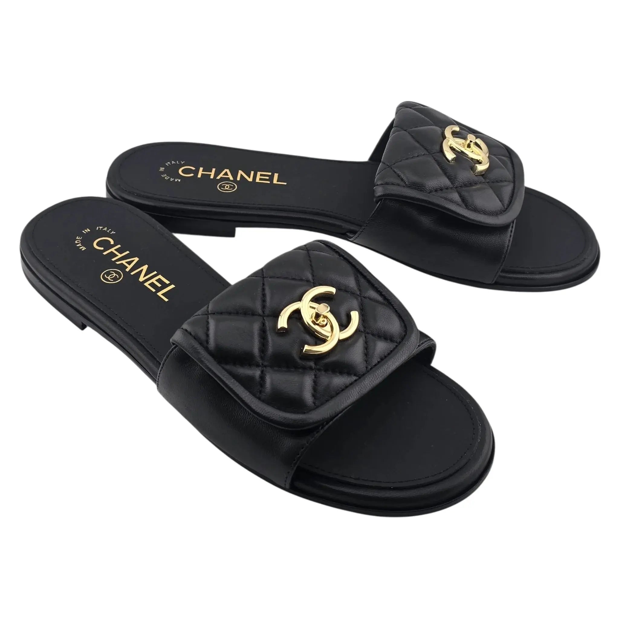 Chanel CC Lambskin Quilted Turnlock Black Gold Sandals 39 CHANEL