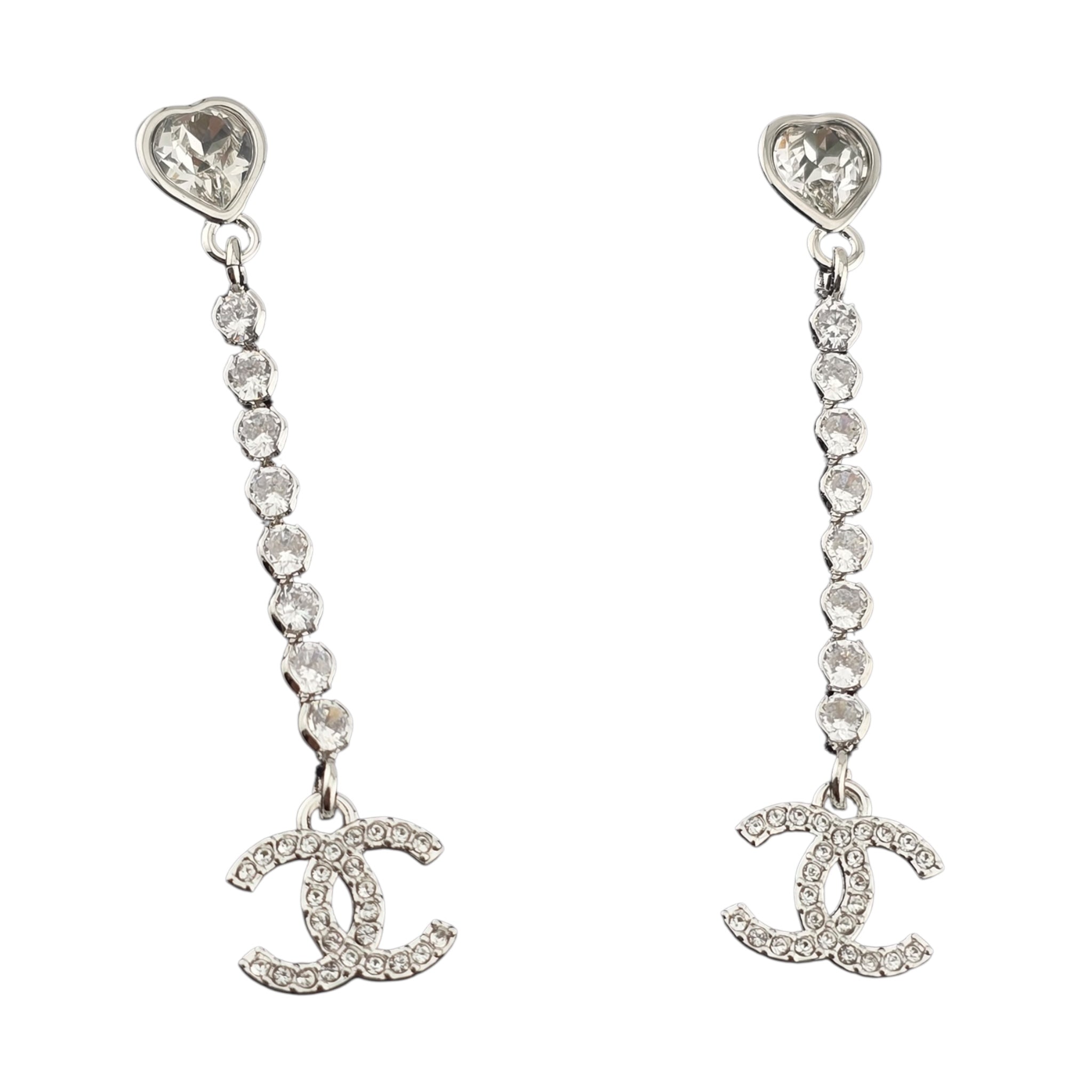 Chanel CC Silver Crystal Drop Heart Earrings 2025 CHANEL