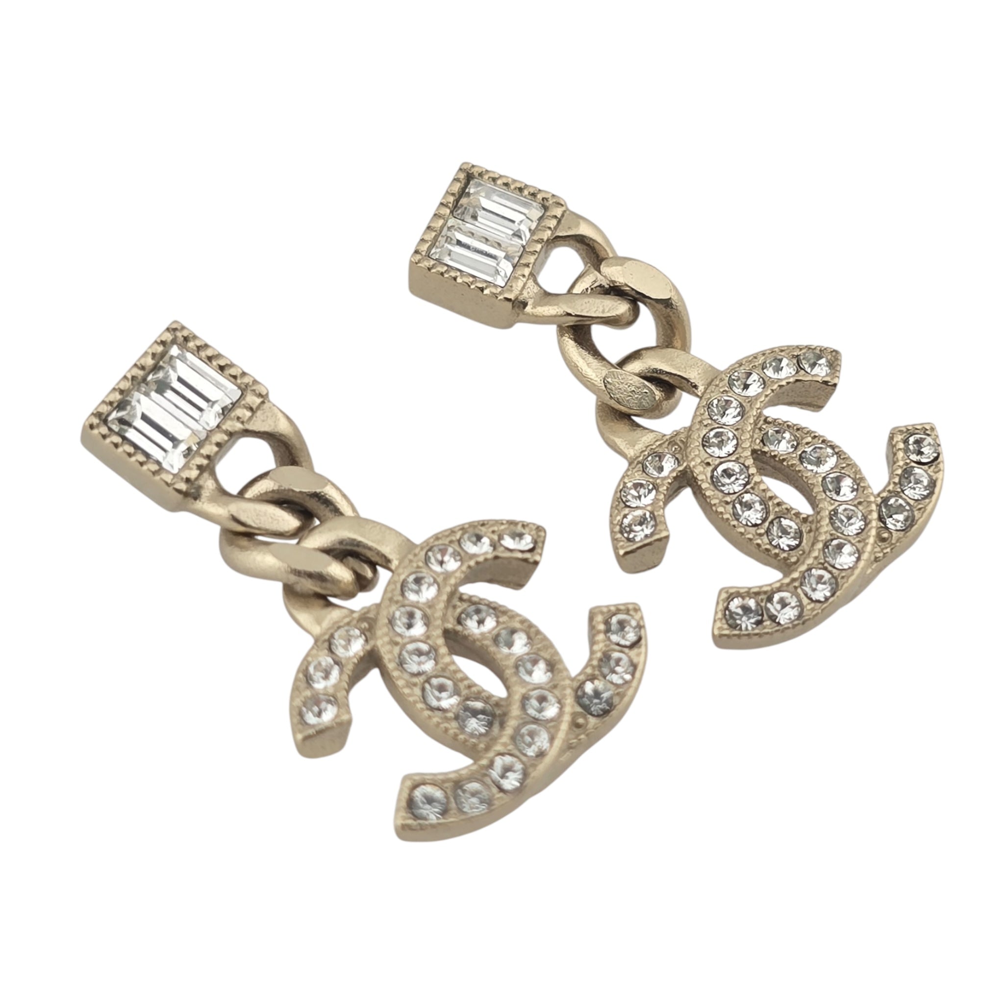 Chanel CC Metal Crystal Baguette Chain Drop Earrings Gold CHANEL