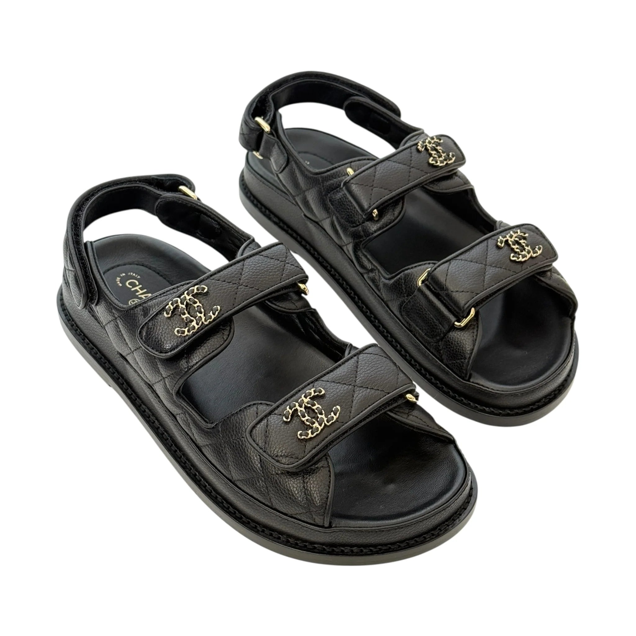 Chanel CC Quilted Caviar Leather Black Dad Sandals