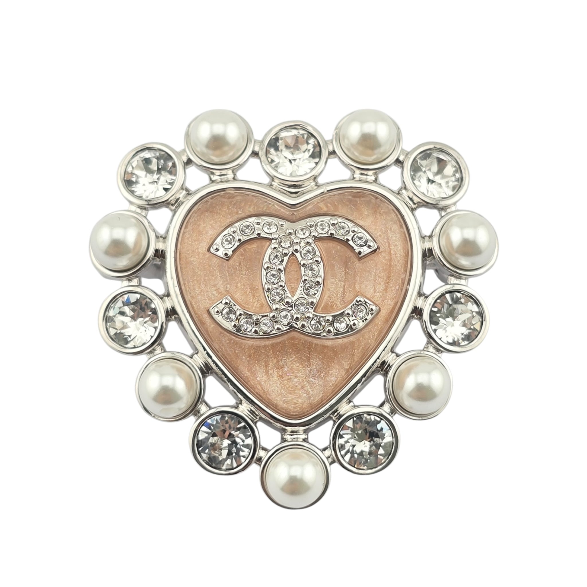 Chanel CC Silver Pink Heart Crystal Faux Pearl Brooch 2025 CHANEL