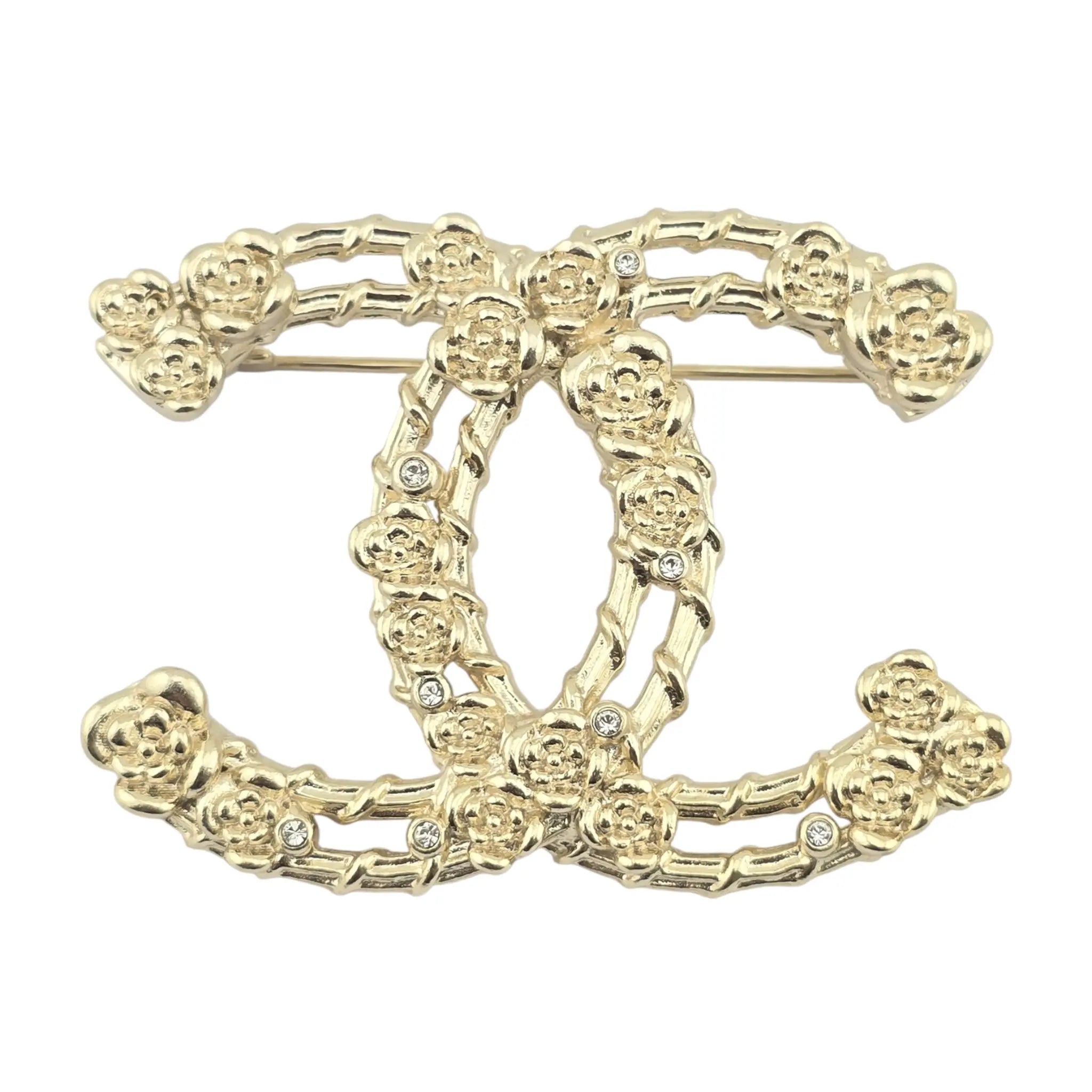 Chanel CC Metal Crystal Camellia Brooch Light Gold CHANEL