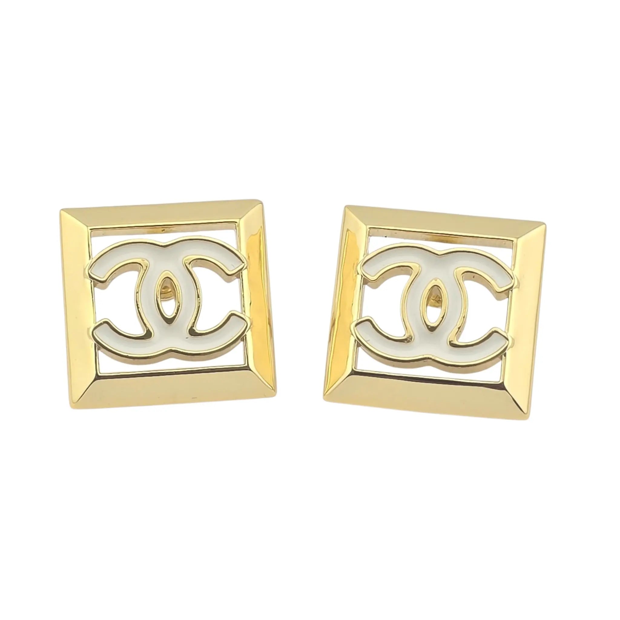Chanel CC Square Gold White Earrings