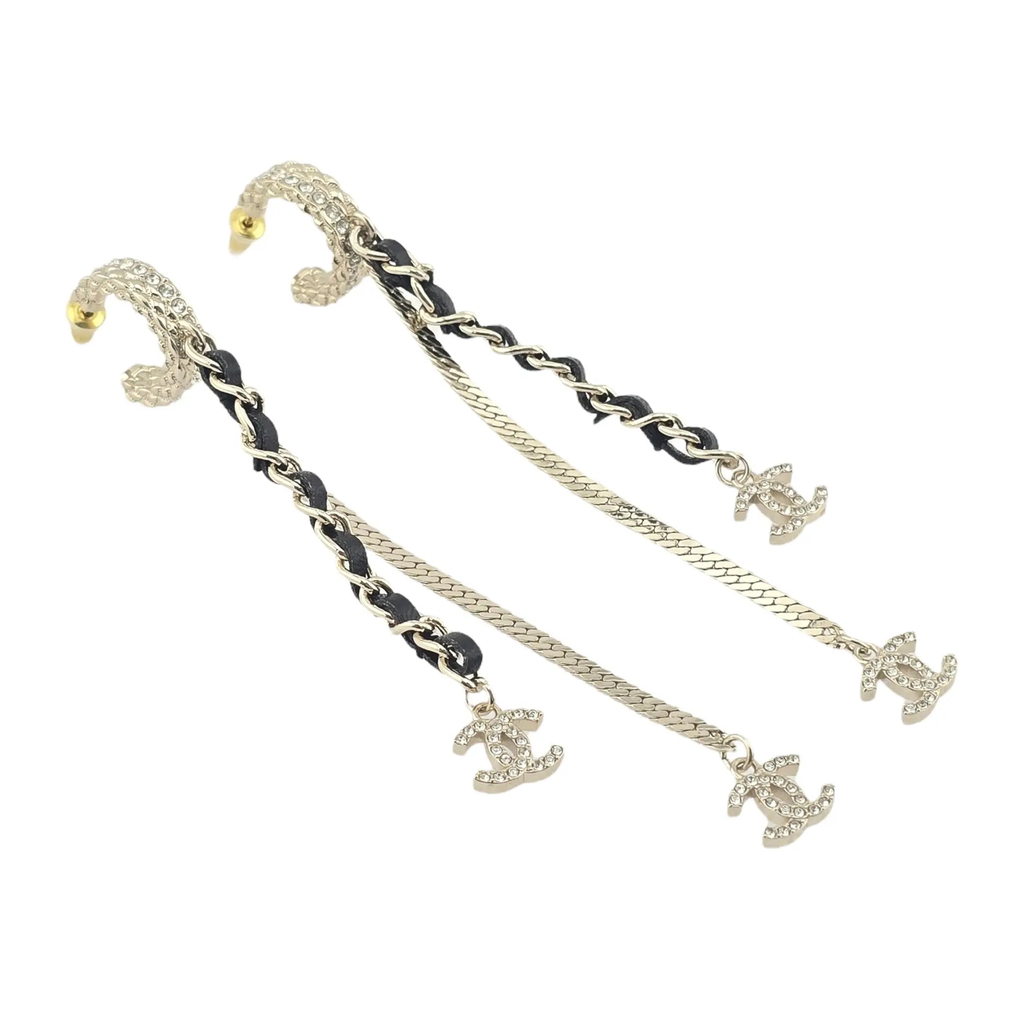 Chanel CC Leather Gold Crystal Earrings 2022