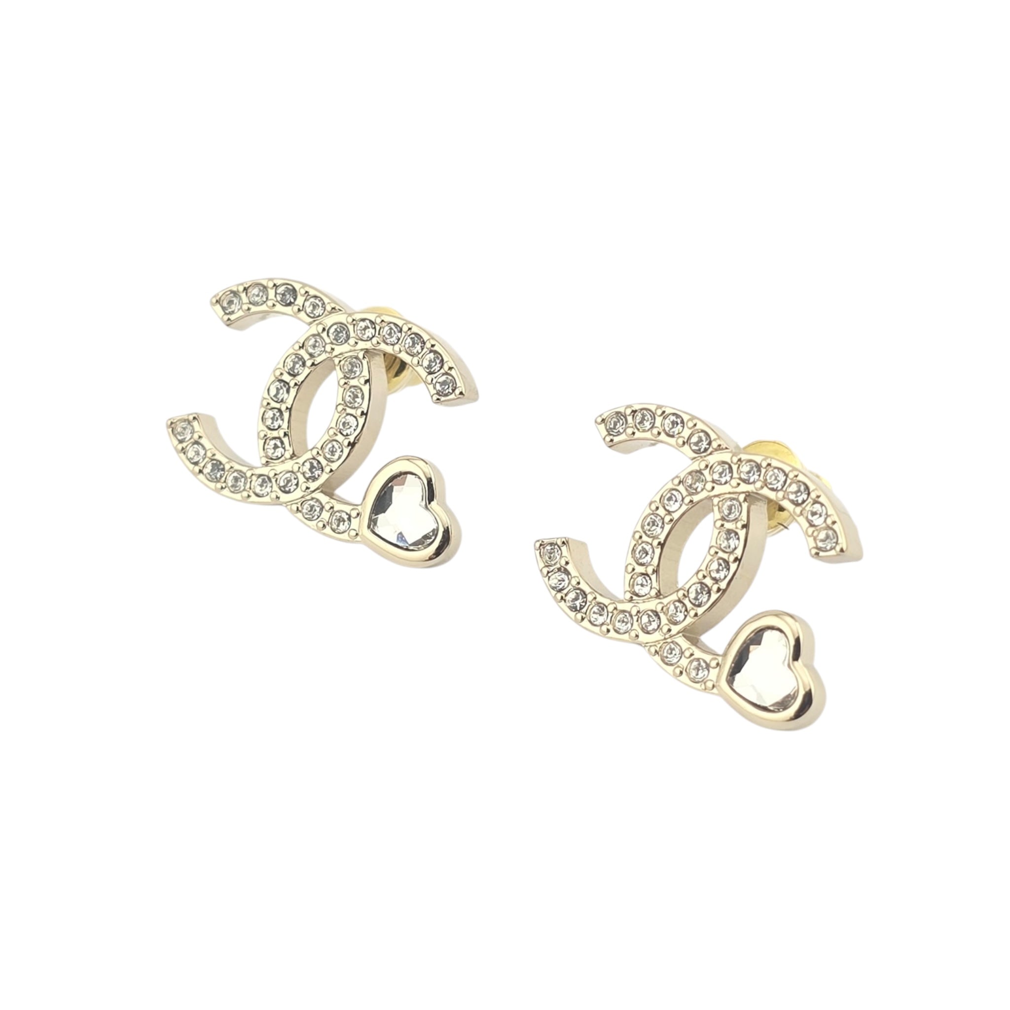 Chanel CC Gold Crystal Heart Stud Earrings 2025