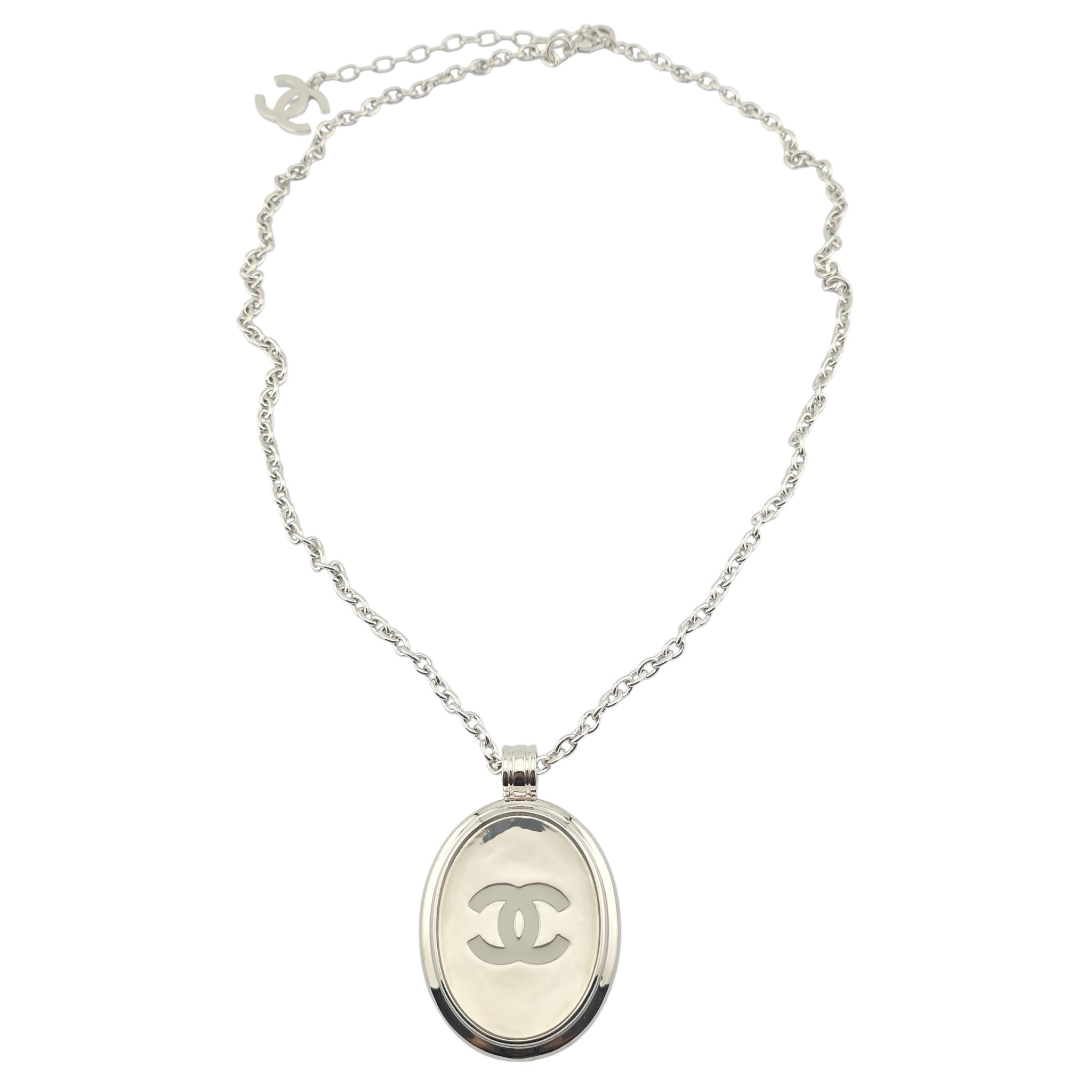 Chanel CC Silver Oval Pendant Necklace 2025