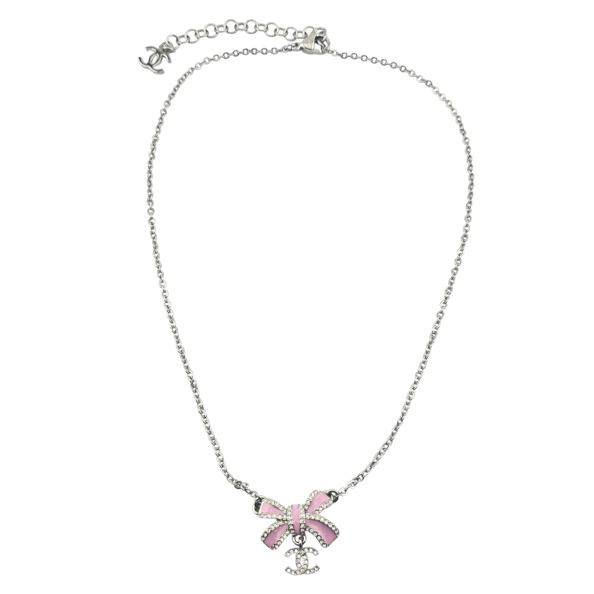 Chanel CC Silver Crystal Enamel Bow Necklace 2025