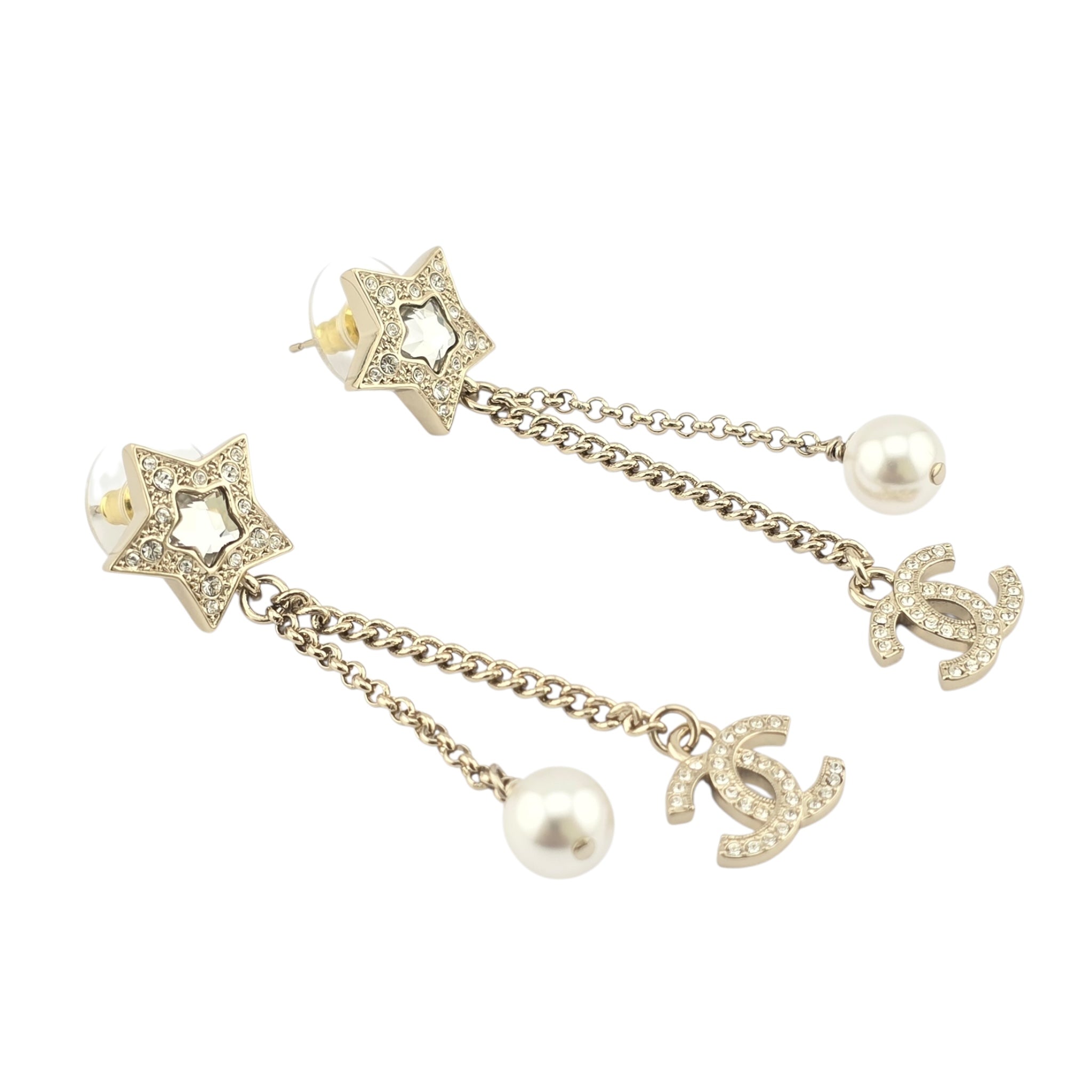 Chanel Crystal Pearl CC Star Drop Earrings Gold 2025