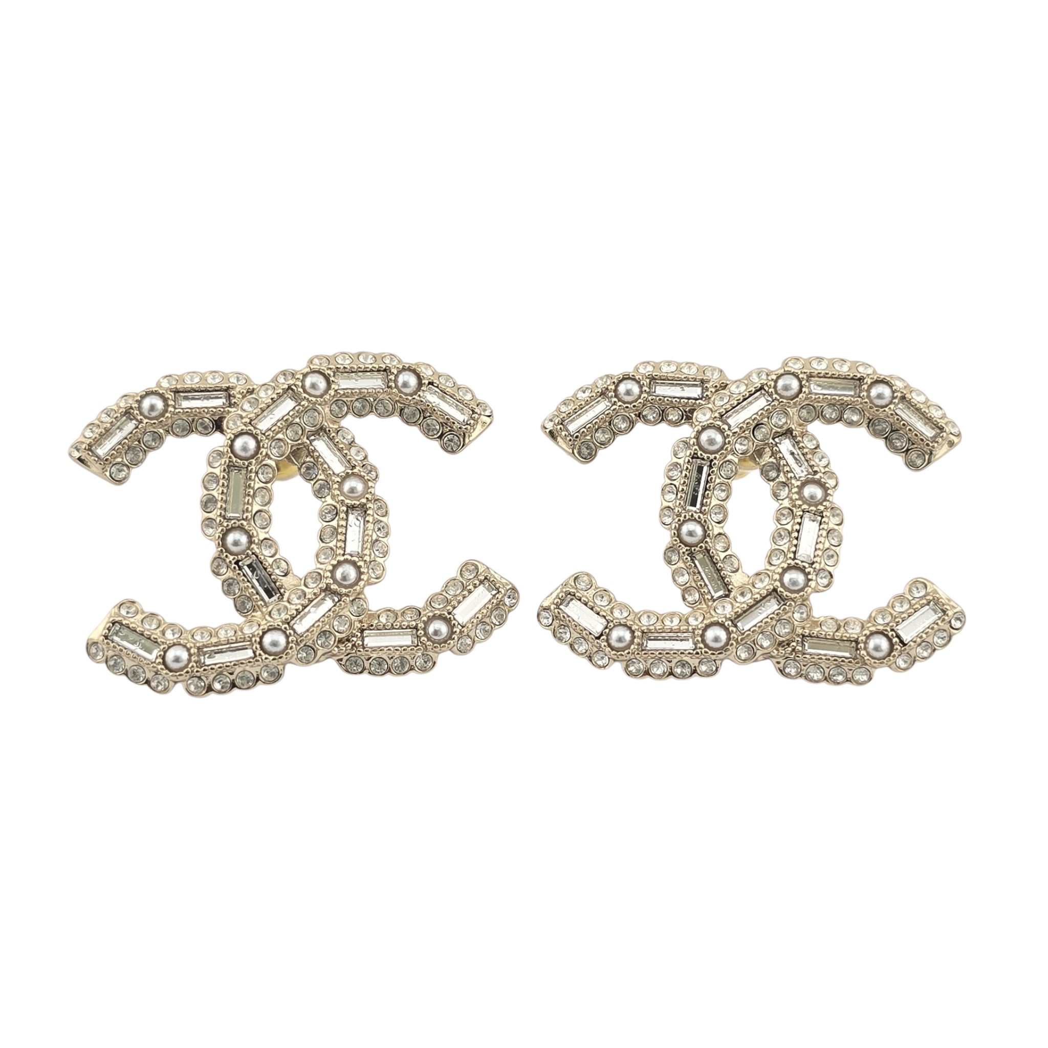 Crystal Baguette Pearl CC Earrings Gold Pearly White