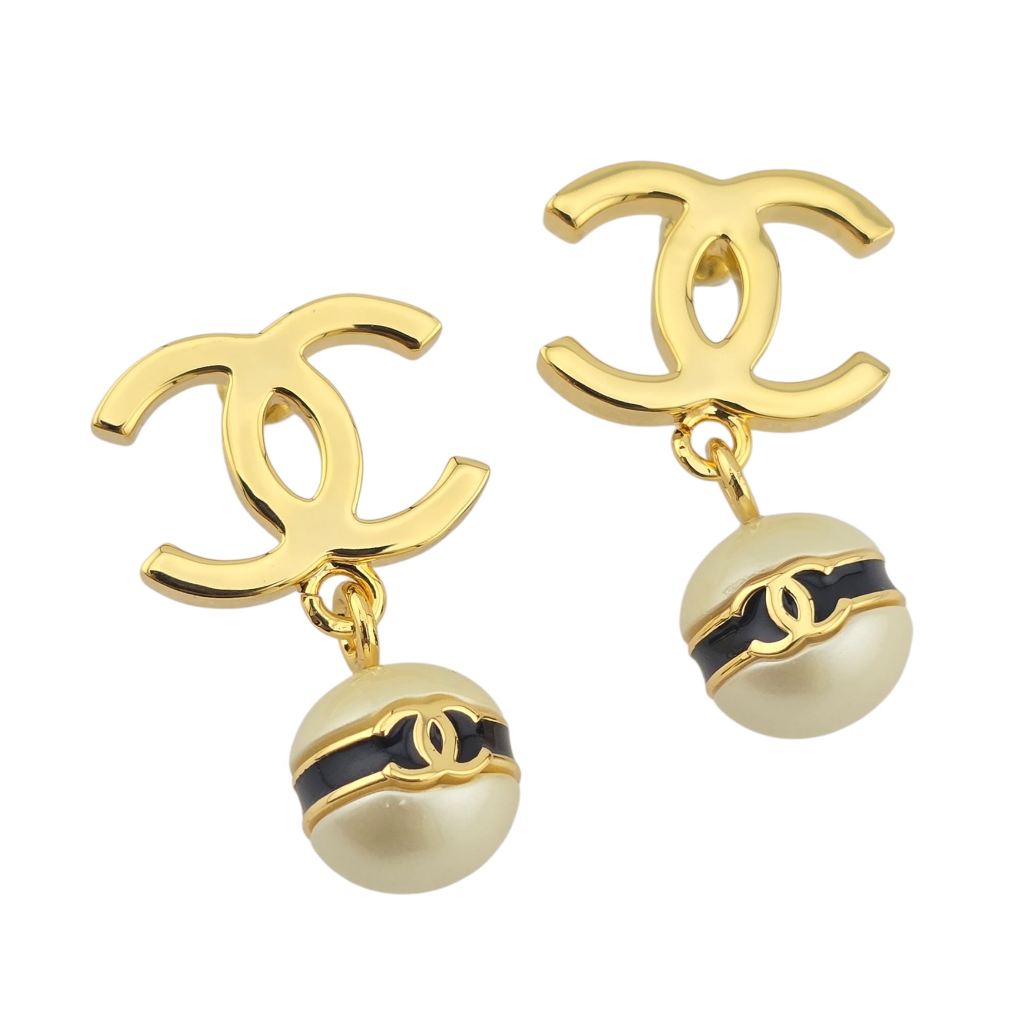 Chanel CC Pearl Drop Earrings Gold Black 2024