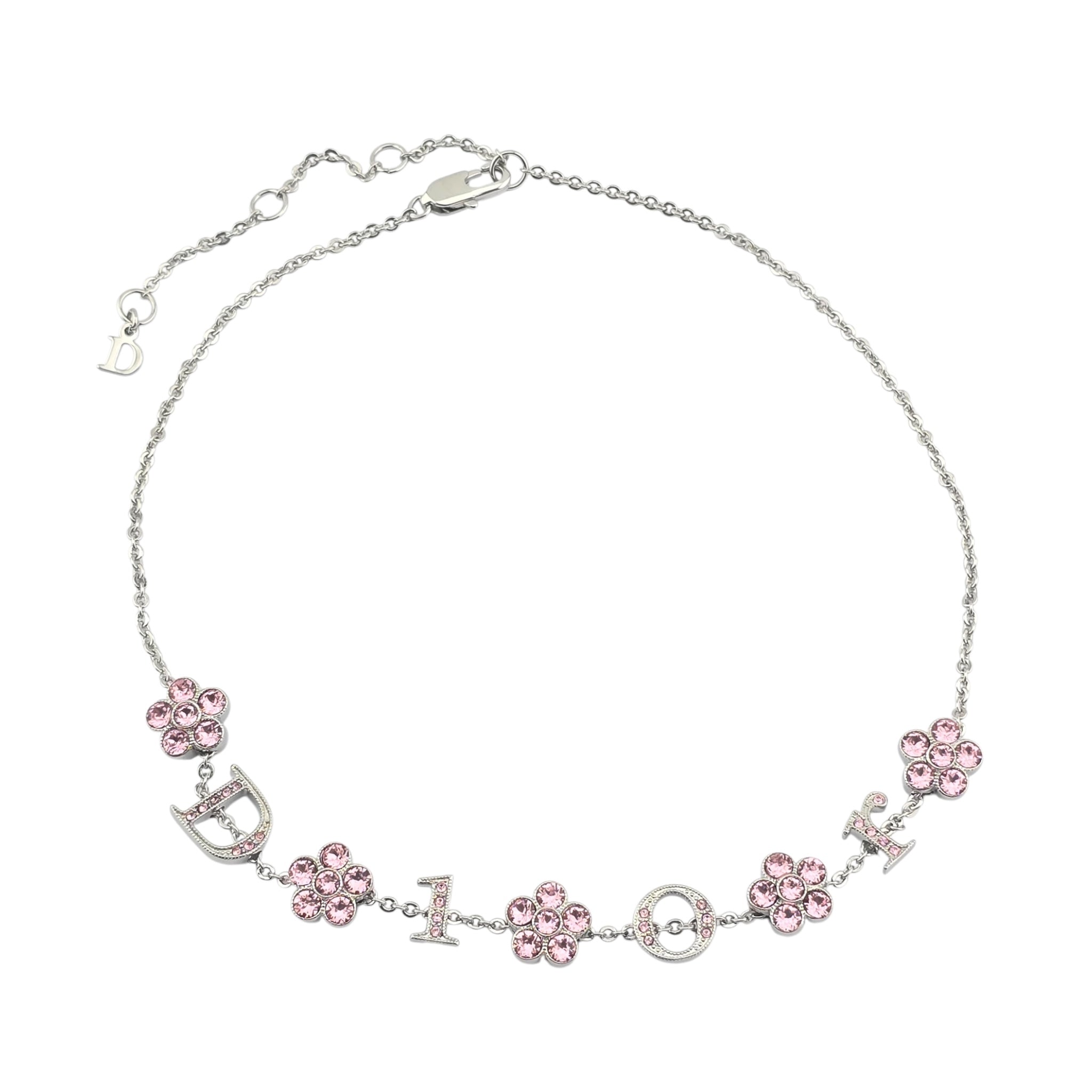 Christian Dior Crystal Flower Silver Pink Choker Necklace DIOR
