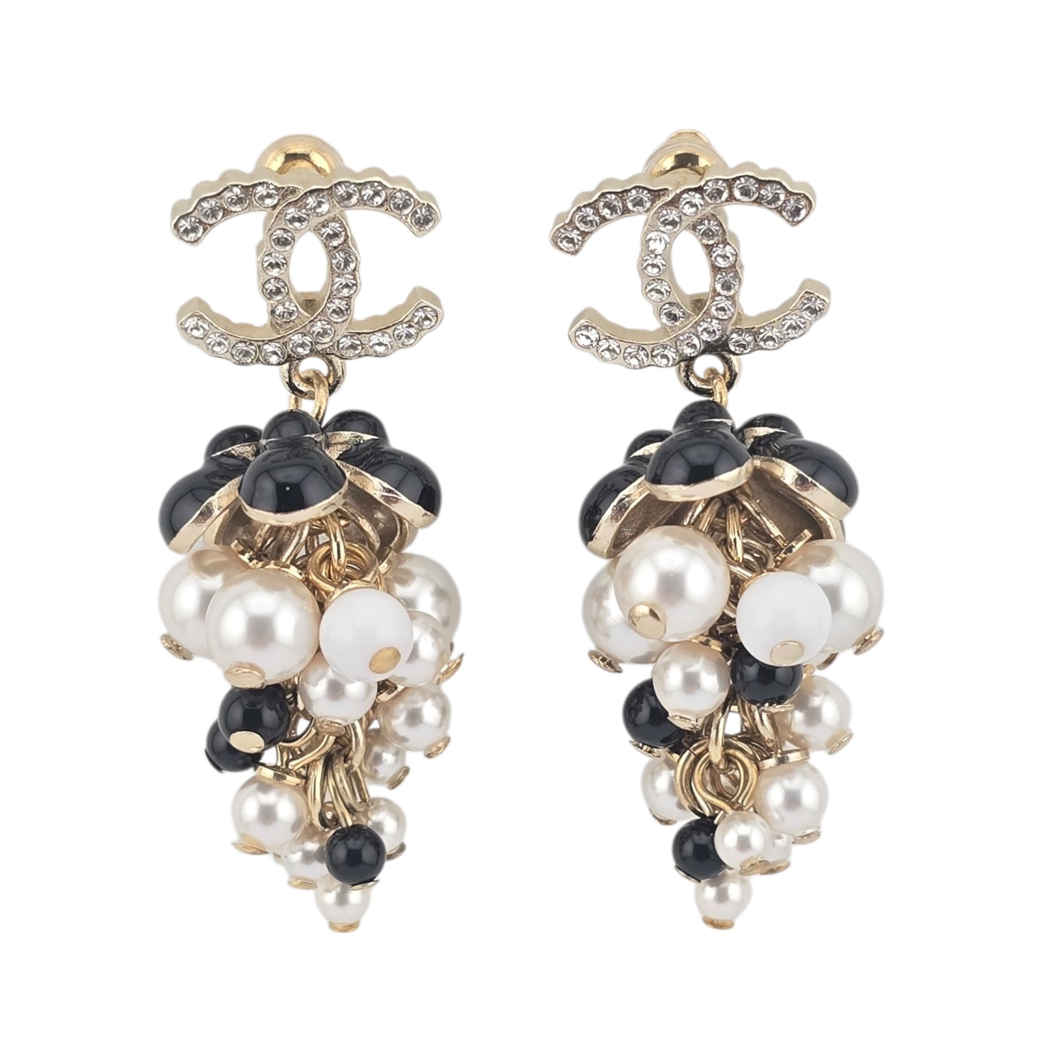 Chanel CC Faux Pearl White Black Gold Earrings CHANEL