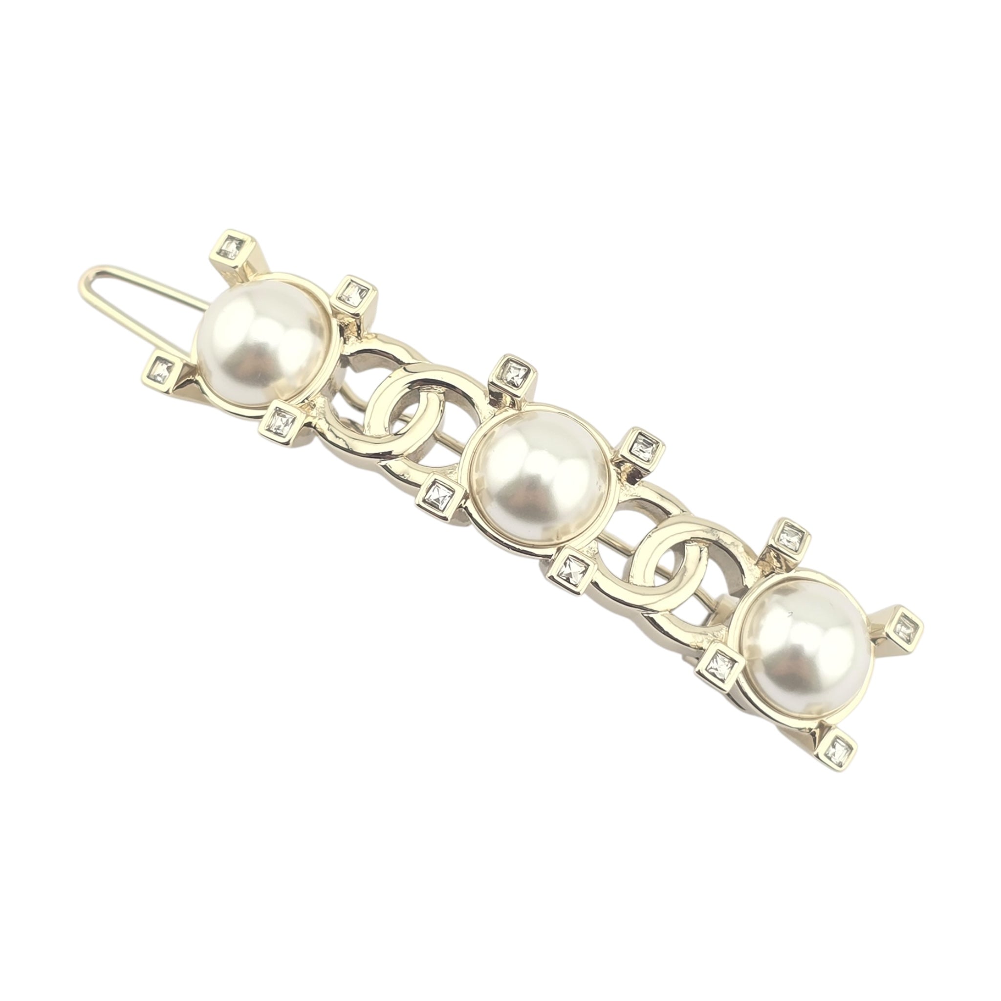 Chanel CC Faux Pearl Gold Hair Barrette Clip CHANEL