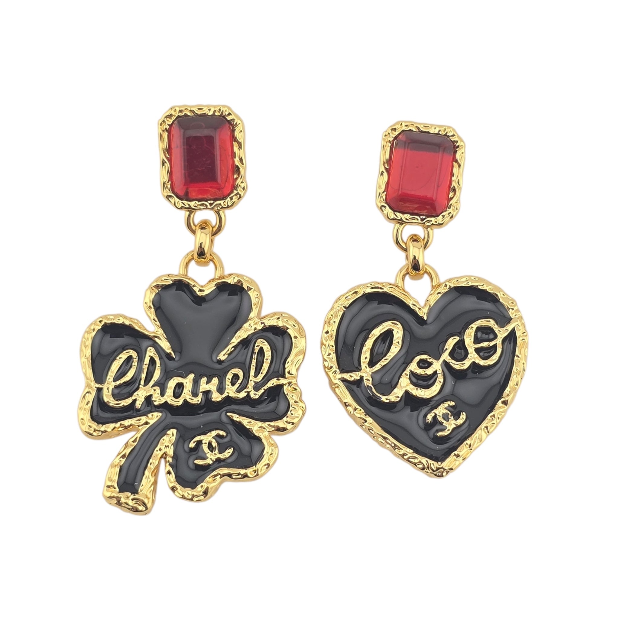 Chanel CC Clover Heart Black Gold Earrings 2024 CHANEL