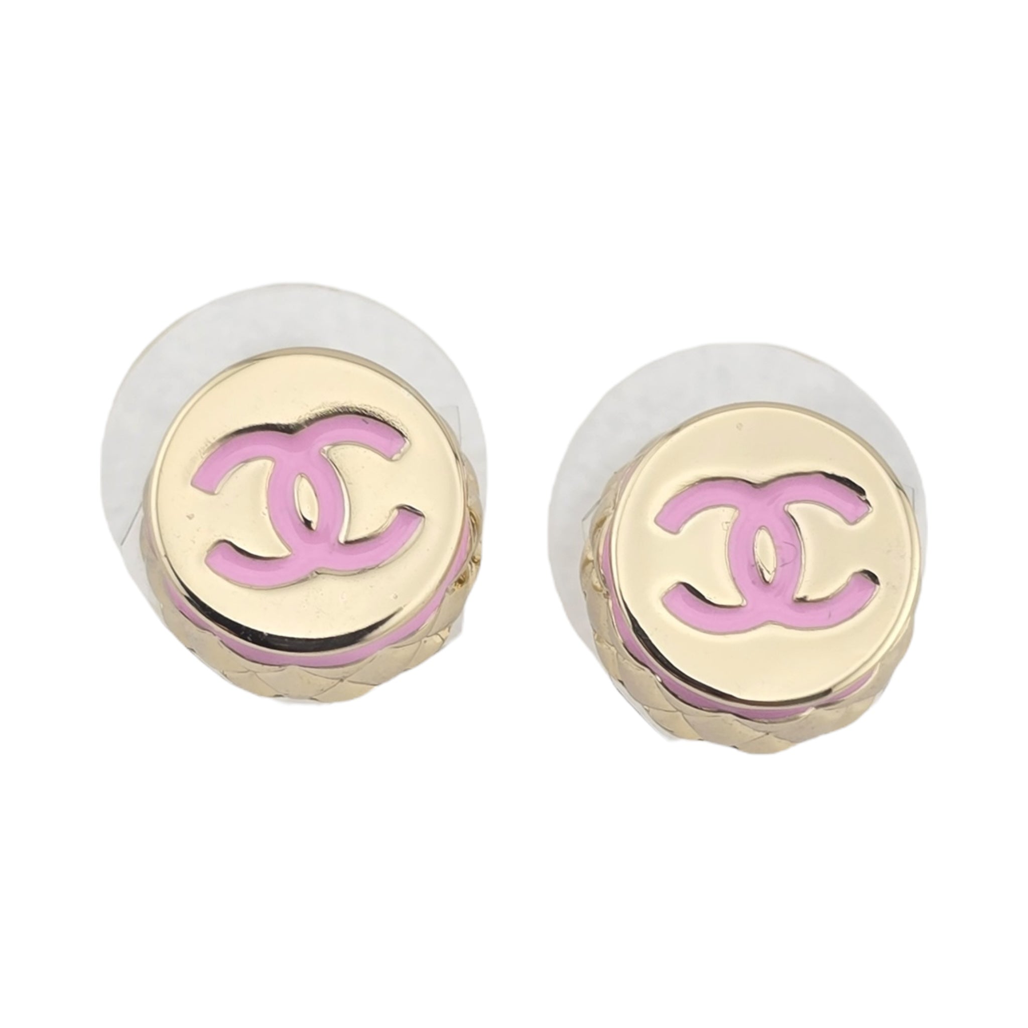 Chanel CC Stud Gold Pink Round Earrings B25 CHANEL
