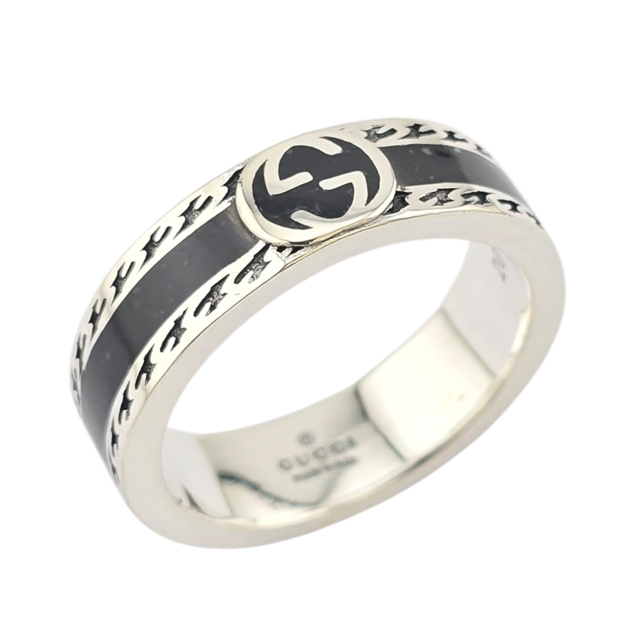 GUCCI Interlocking G Sterling Silver Black Enamel Ring GUCCI