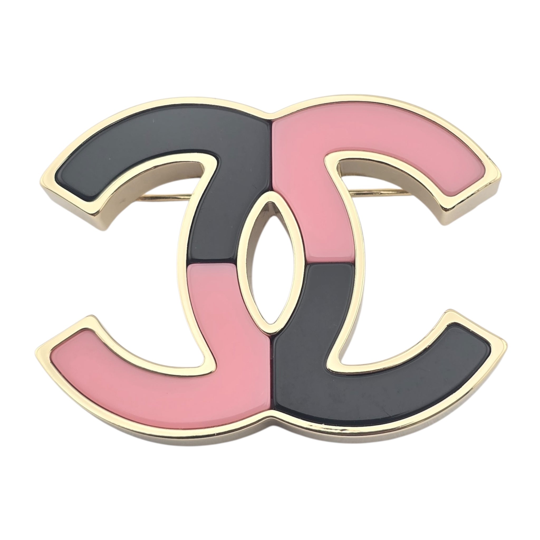 Chanel CC Pink Black Resin Gold Brooch 2023 CHANEL