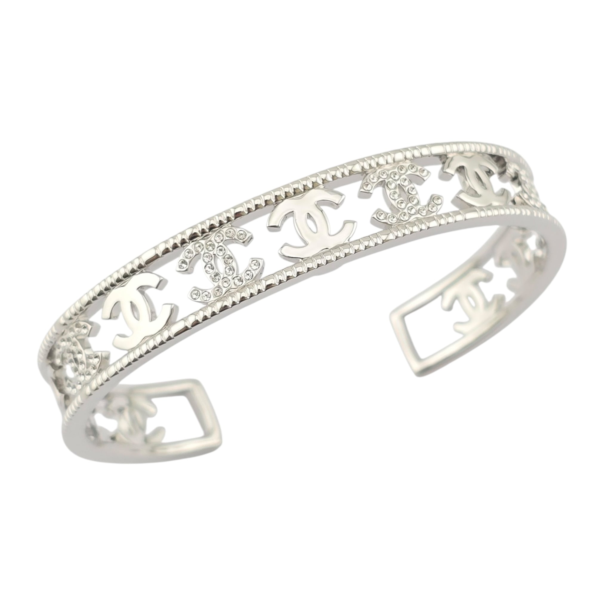 Chanel Crystal CC Silver Cuff Bracelet 2022 CHANEL