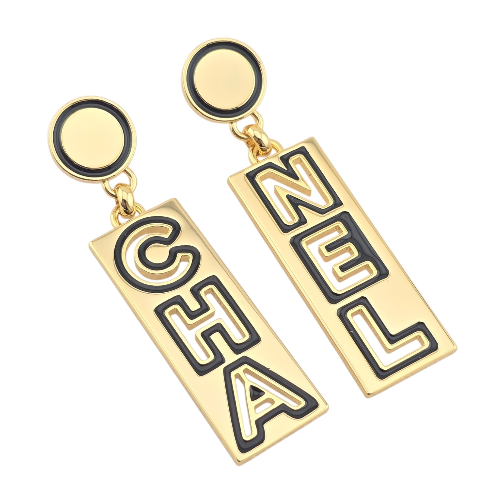 Chanel Metal Enamel Cha-Nel Logo Drop Earrings CHANEL