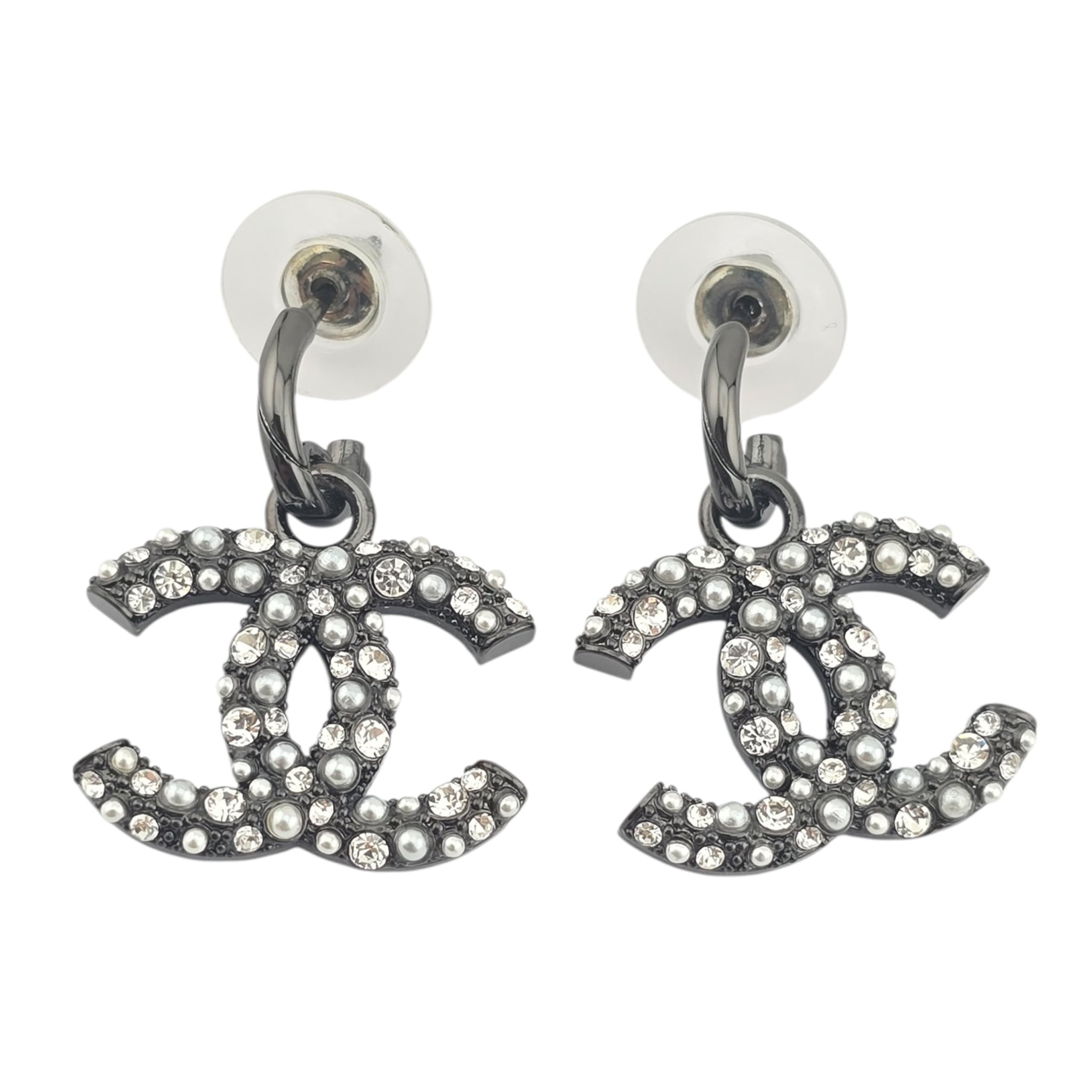 Chanel CC Ruthenium Drop Crystal Faux Pearl Earrings 2022 CHANEL