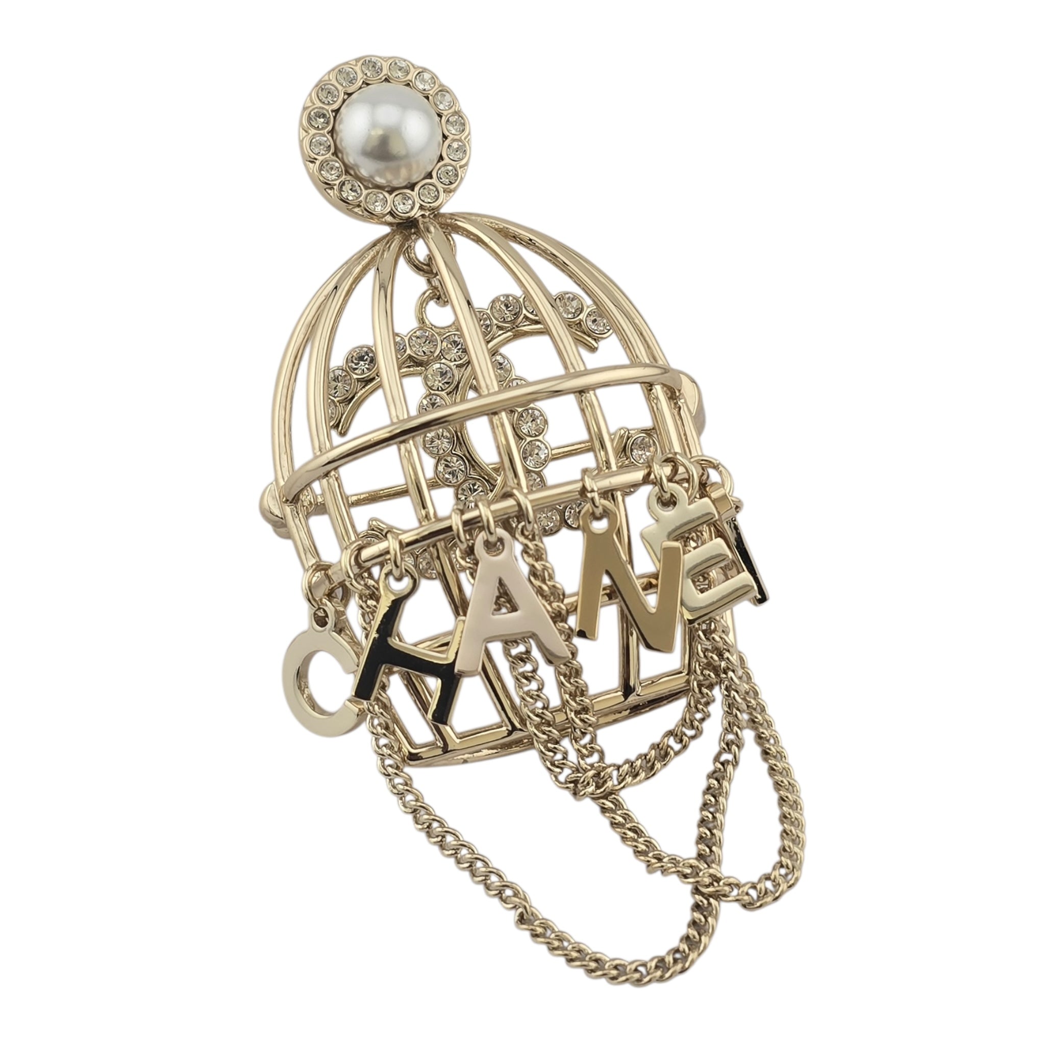Chanel CC Birdcage Metal Crystal Pearl Gold Brooch CHANEL