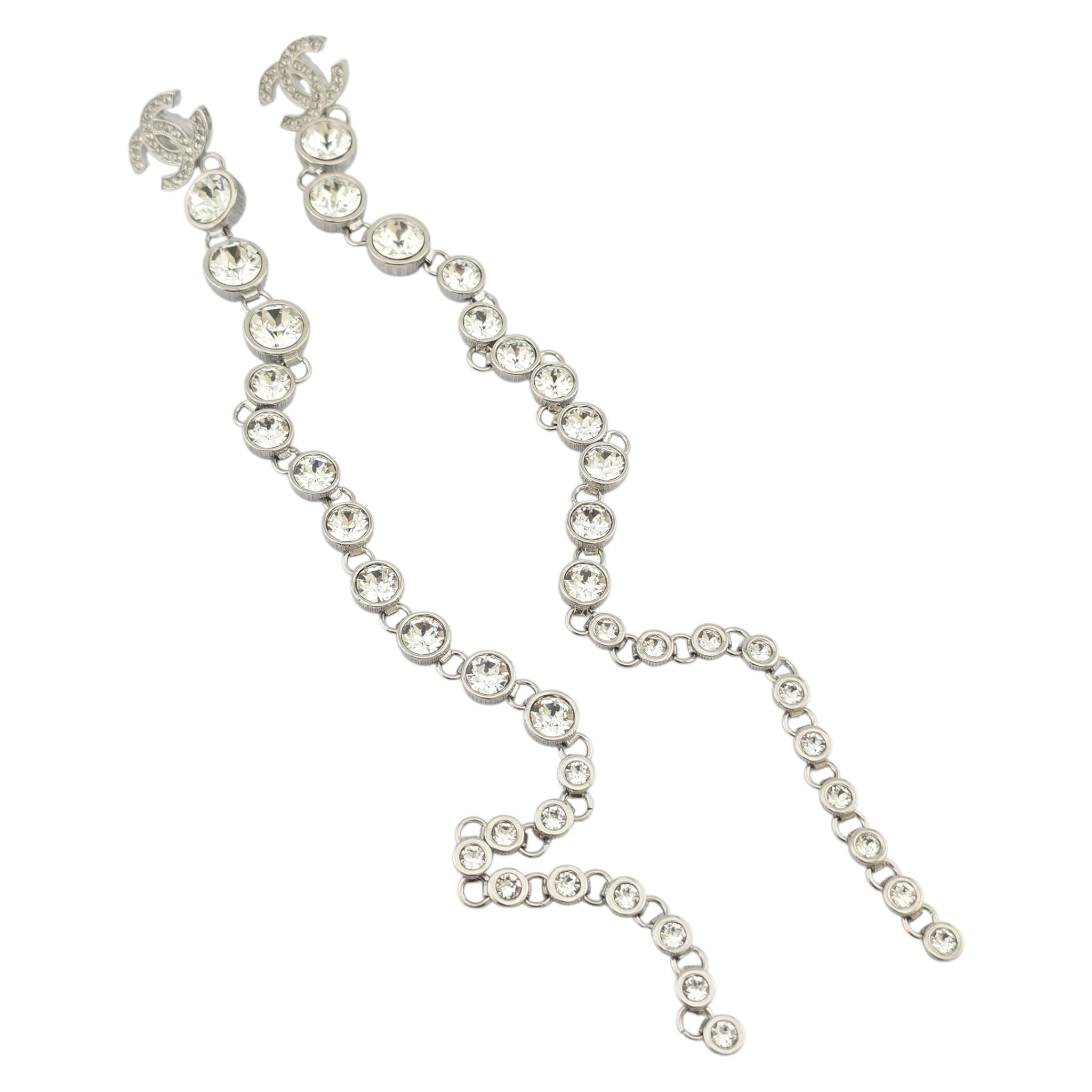 Chanel CC Crystal Long Drop Silver Earrings 23SS CHANEL