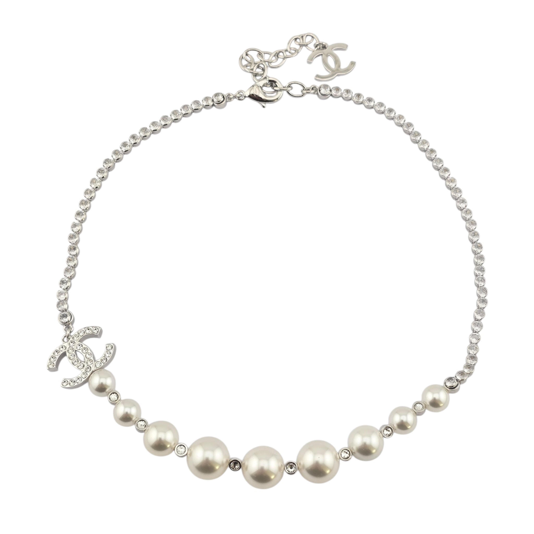 Chanel CC Faux Pearl Silver Crystal Necklace 2025 CHANEL