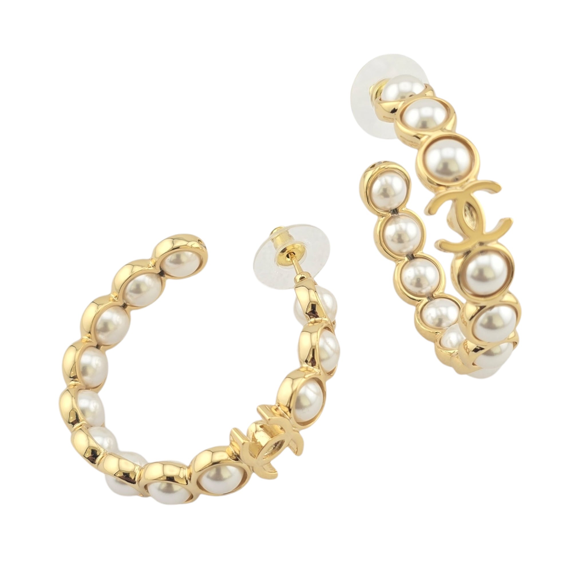 Chanel CC Faux Pearl Gold Hoop Earrings 2024 CHANEL