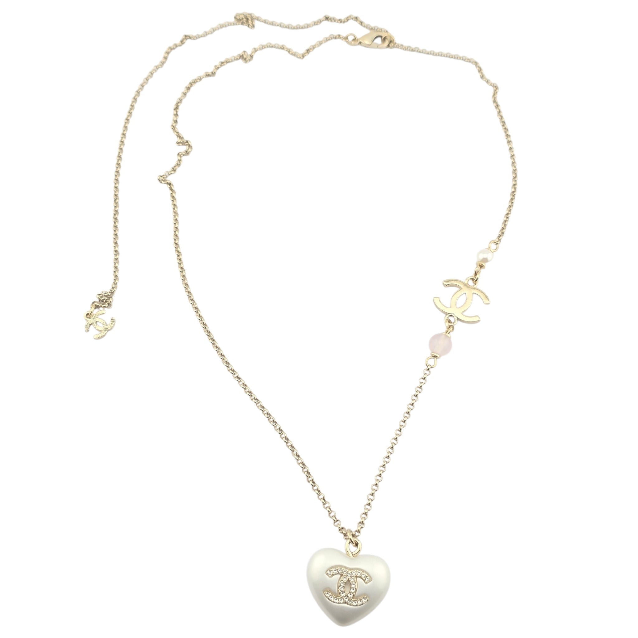 Chanel CC Pearl Crystal Heart Gold Necklace A21