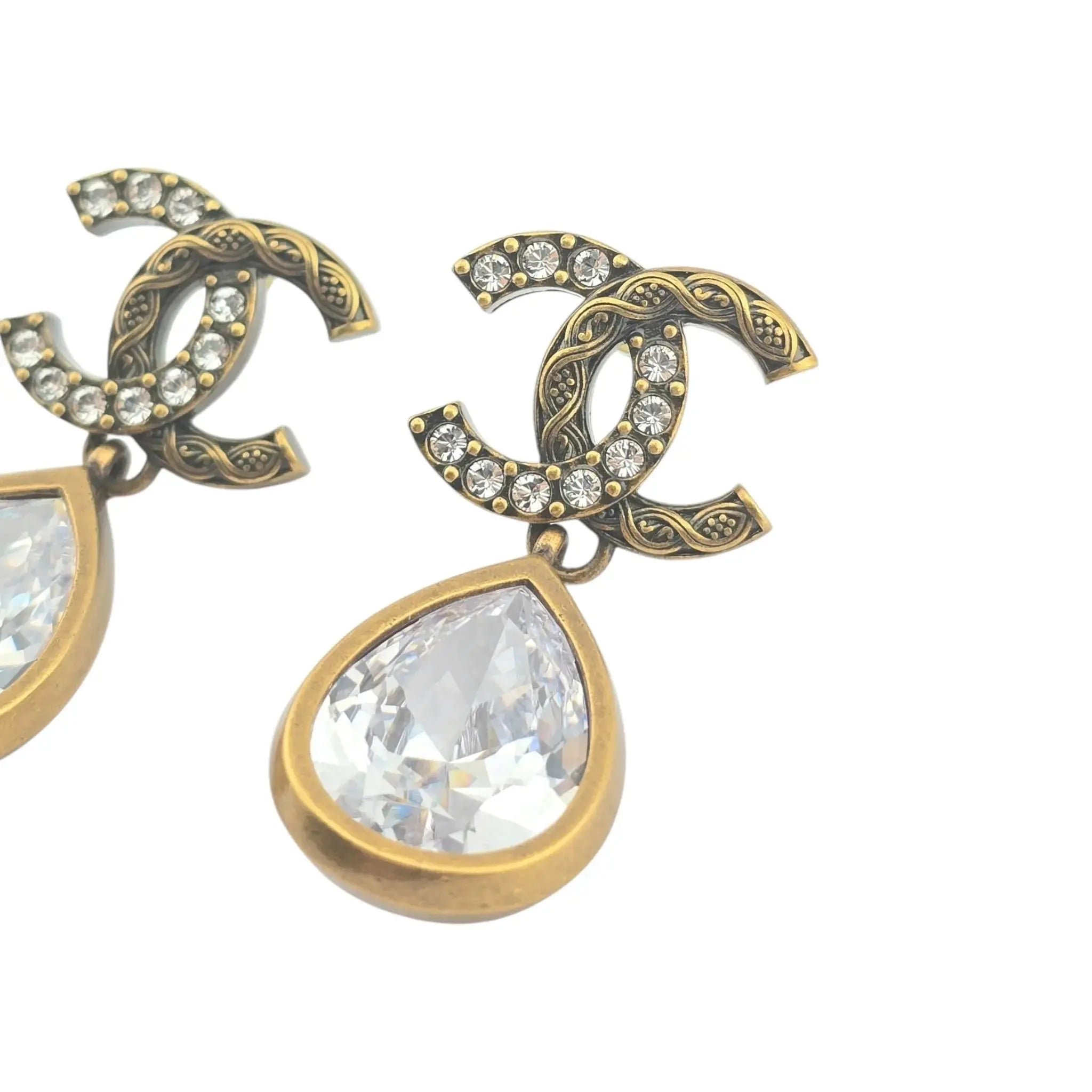 Chanel CC Tear Drop Crystal Dangle Gold Earrings 2024 CHANEL