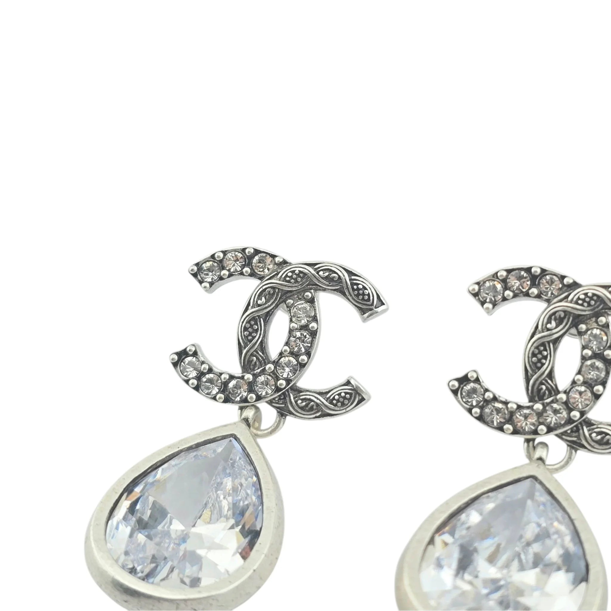 Chanel CC Tear Drop Crystal Dangle Silver Earrings 2024 CHANEL