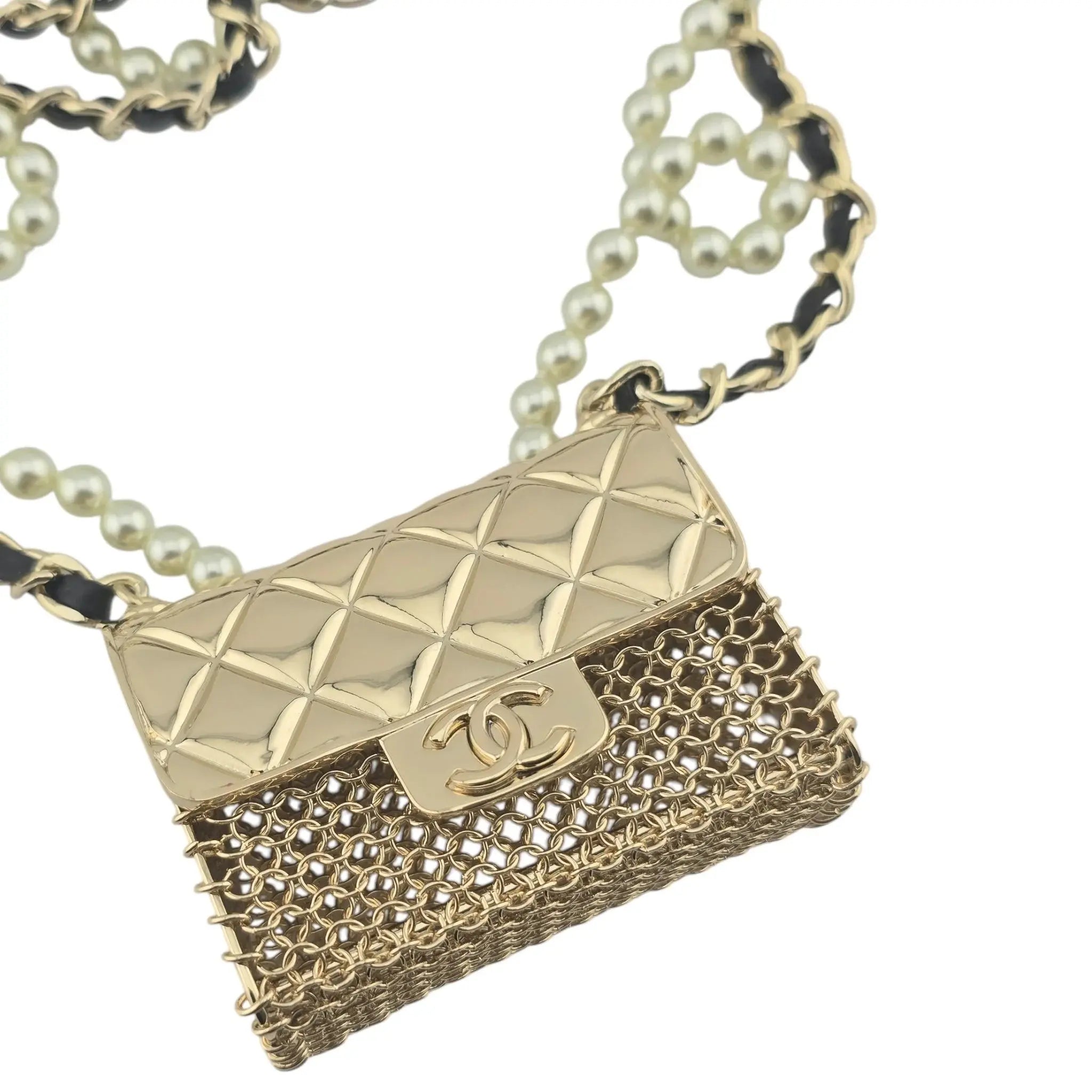 Chanel Flap Bag Pendant Long Necklace Quilted Metal with Lambskin and Faux Pearl CHANEL