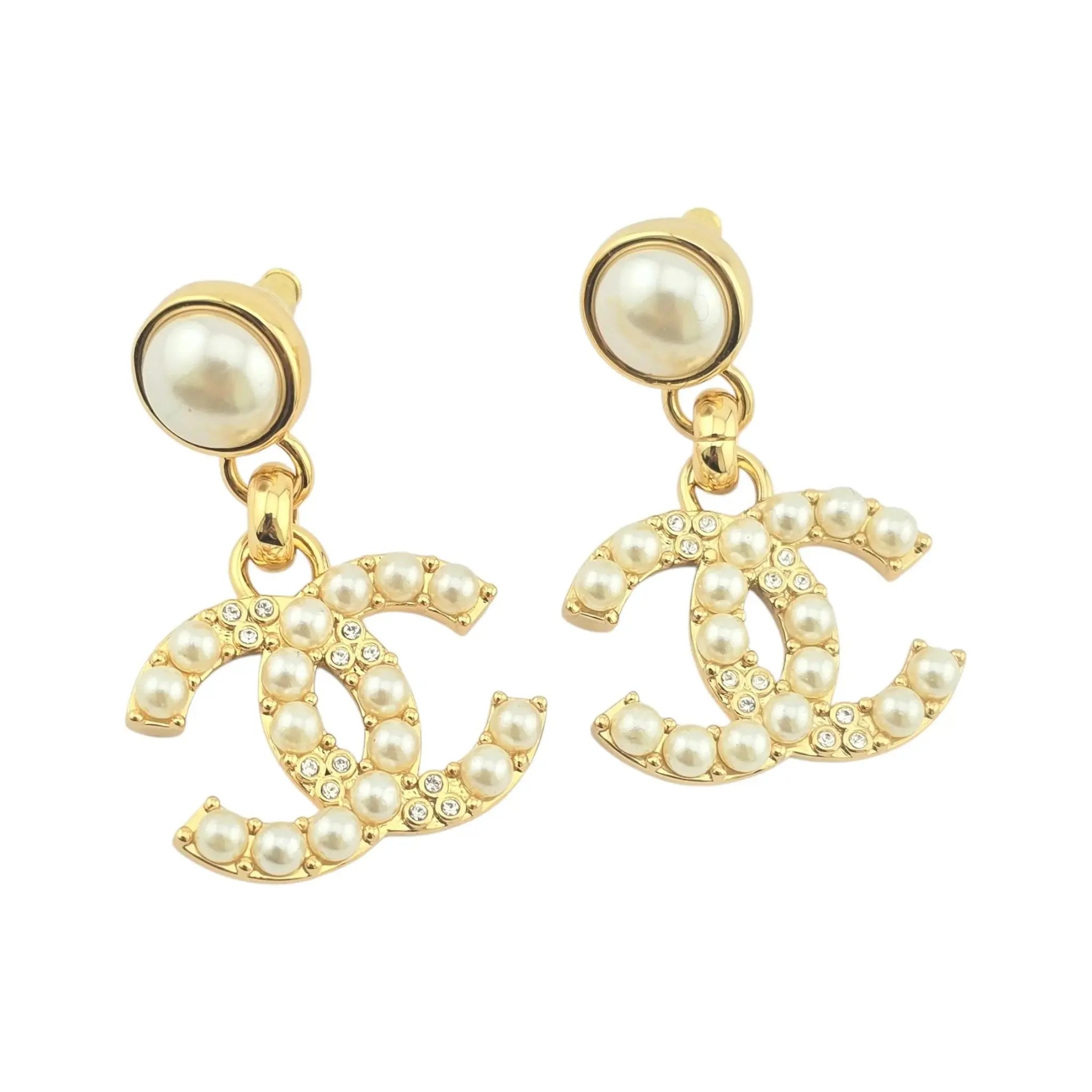 Chanel CC Gold Faux Pearl Crystal Drop Earrings 2024 CHANEL