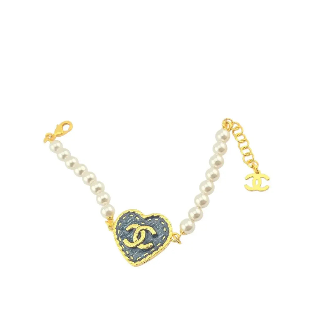 Chanel CC Faux Pearl Heart Denim Bracelet 24SS CHANEL
