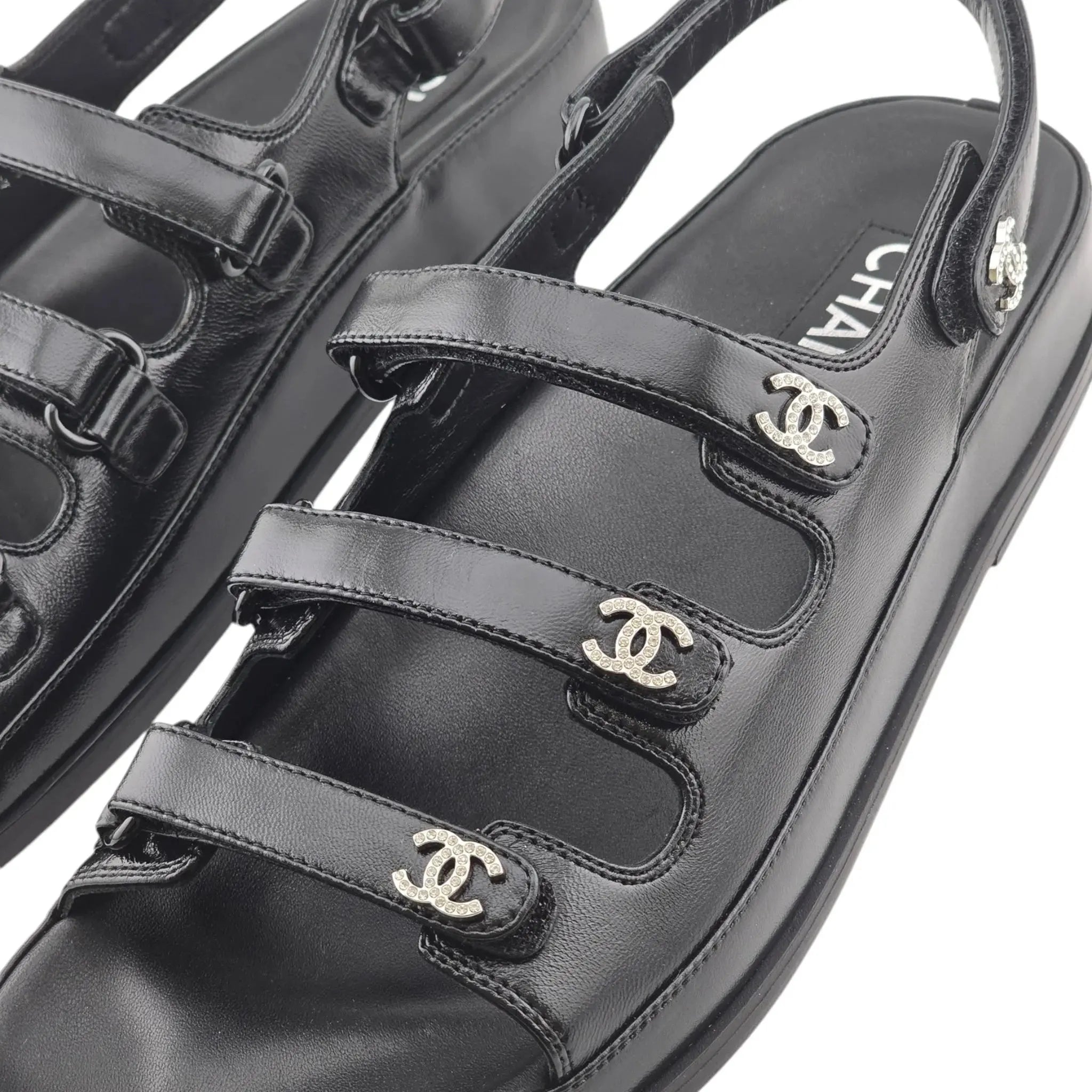 Chanel CC Black Lambskin Crystal Sandals - 39 CHANEL