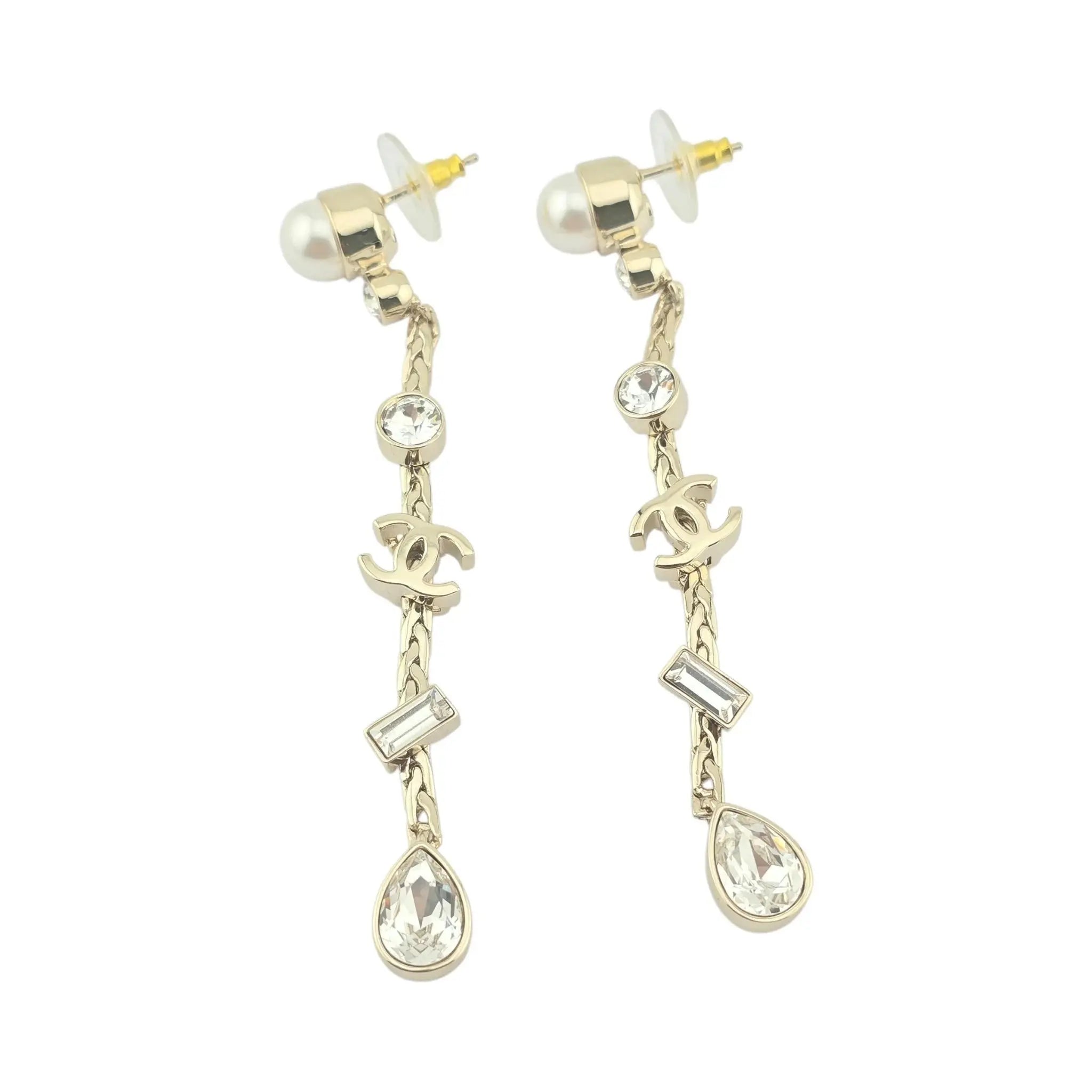 Chanel CC Drop Crystal Faux Pearls Gold Earrings 2022 CHANEL