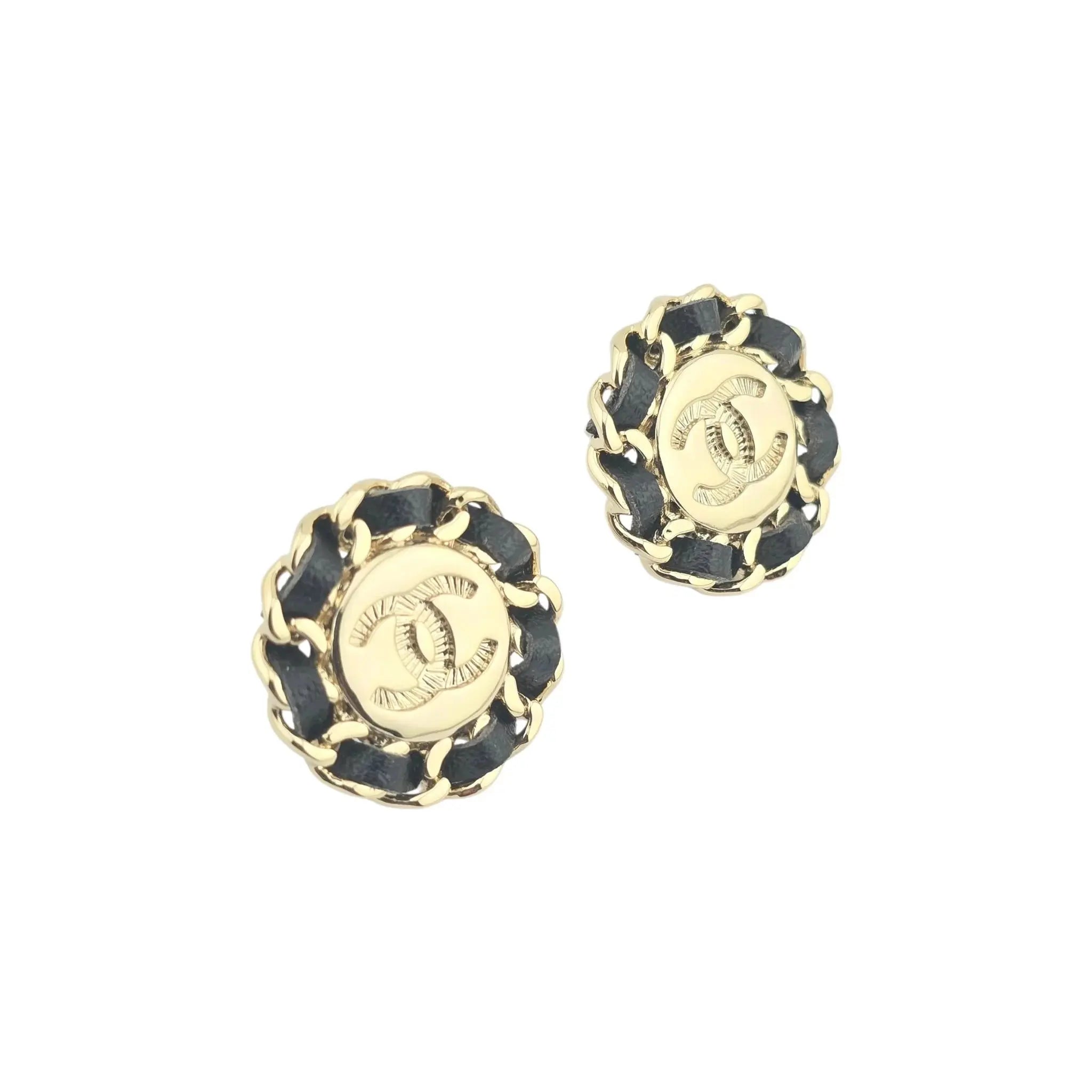 Chanel CC Black Leather Gold Round Earrings 2025 CHANEL
