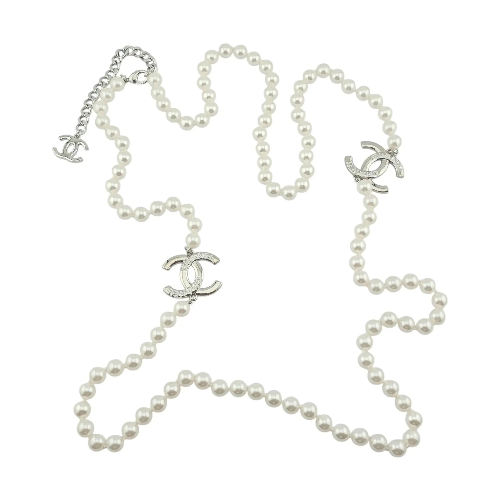 Chanel CC Long Faux Pearl Silver Necklace 2025 CHANEL