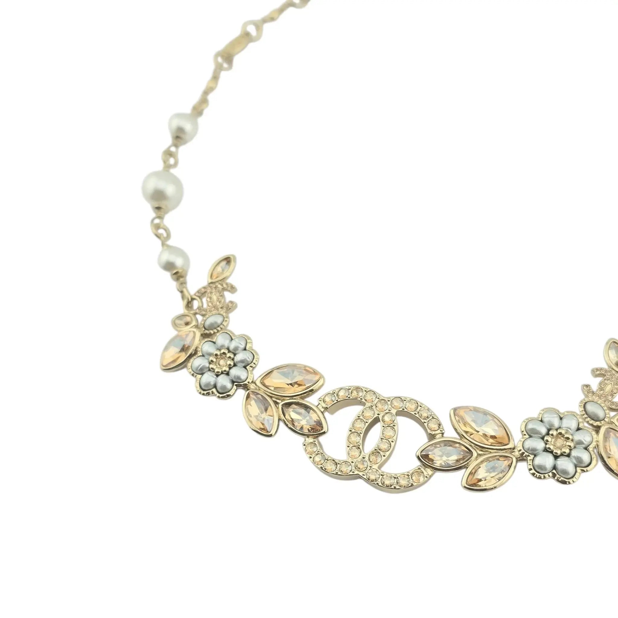 Chanel CC Flower Leaf Crystal Gold Necklace 2022 CHANEL