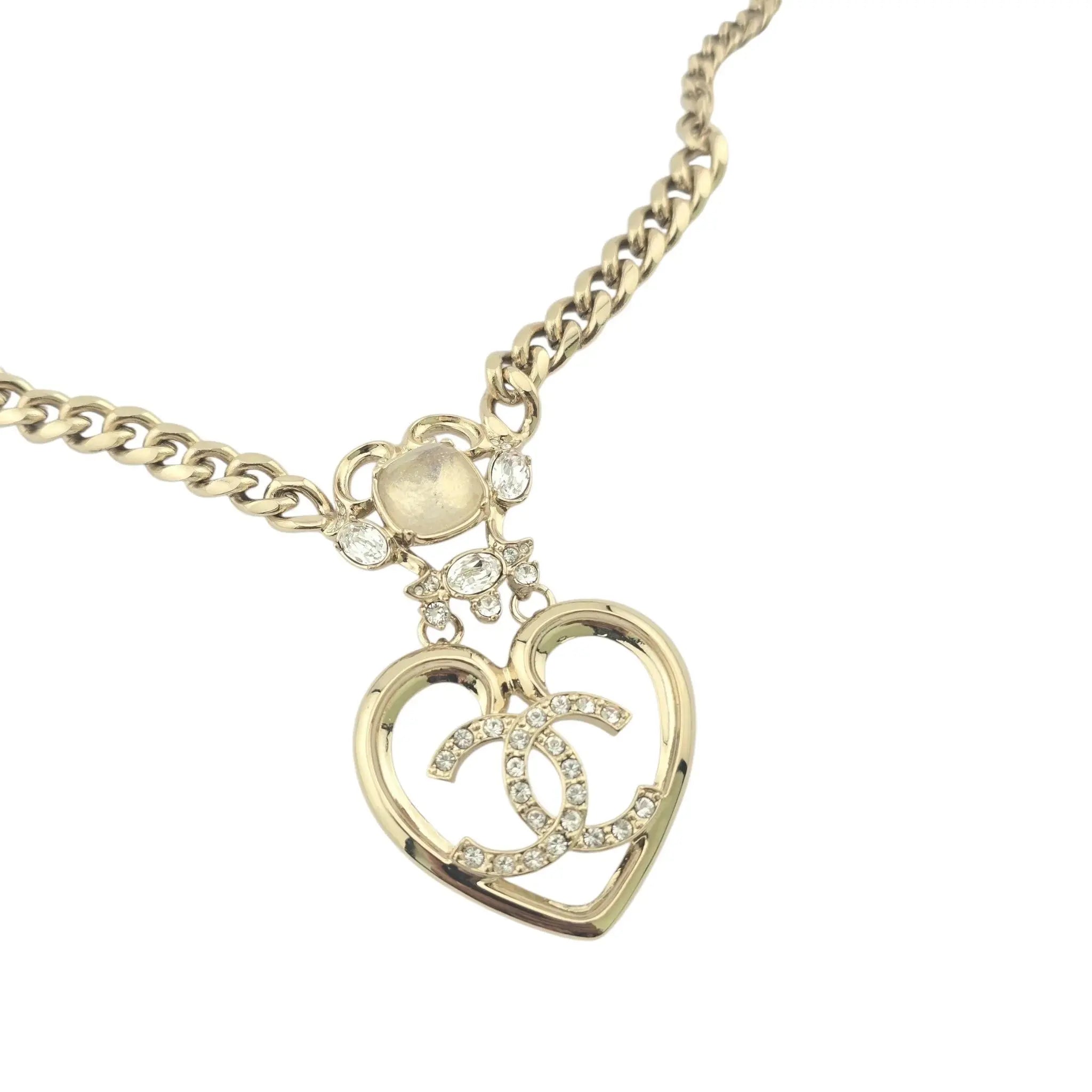 CHANEL CC Crystal Glass Heart Necklace Gold 2024 CHANEL