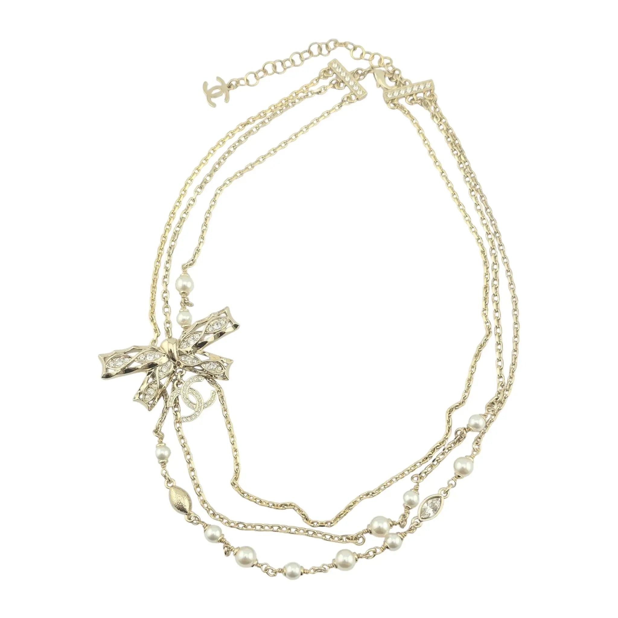 Chanel CC Bow Crystal Faux Pearl Necklace 2024 CHANEL
