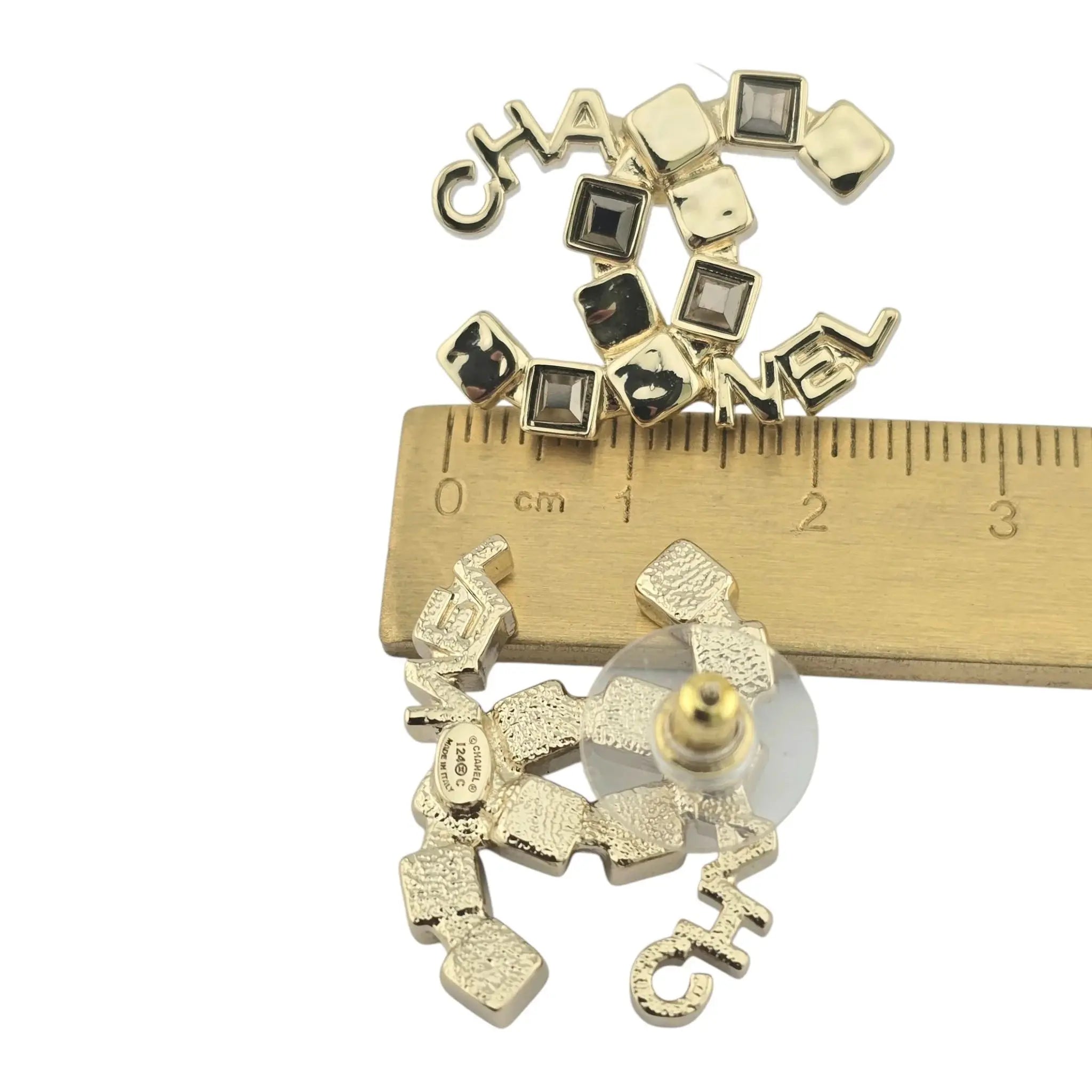 Chanel CC Gold Baguette Crystal Stud Earrings 2024 CHANEL