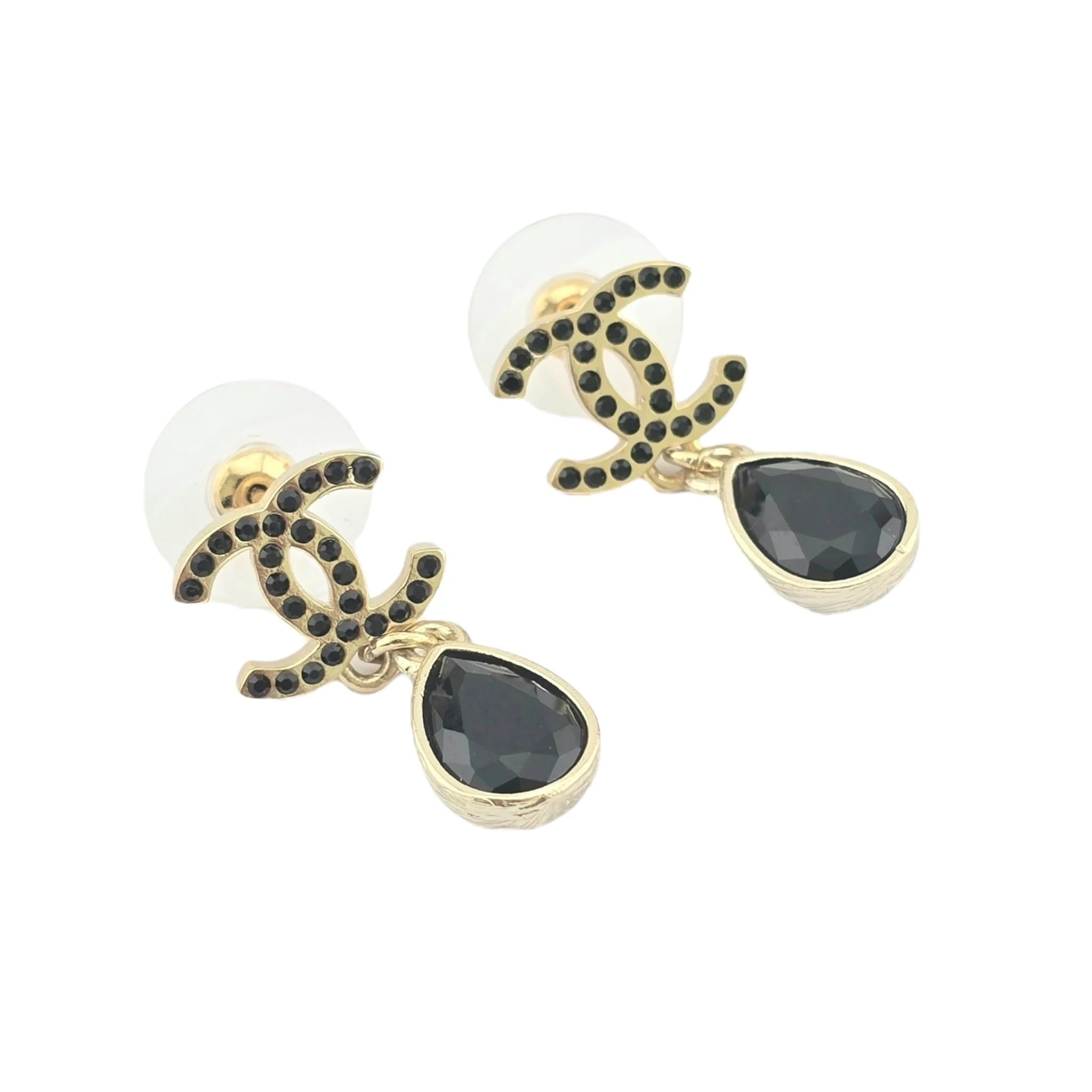 Chanel Crystal CC Teardrop Earrings Gold Black 2021 CHANEL