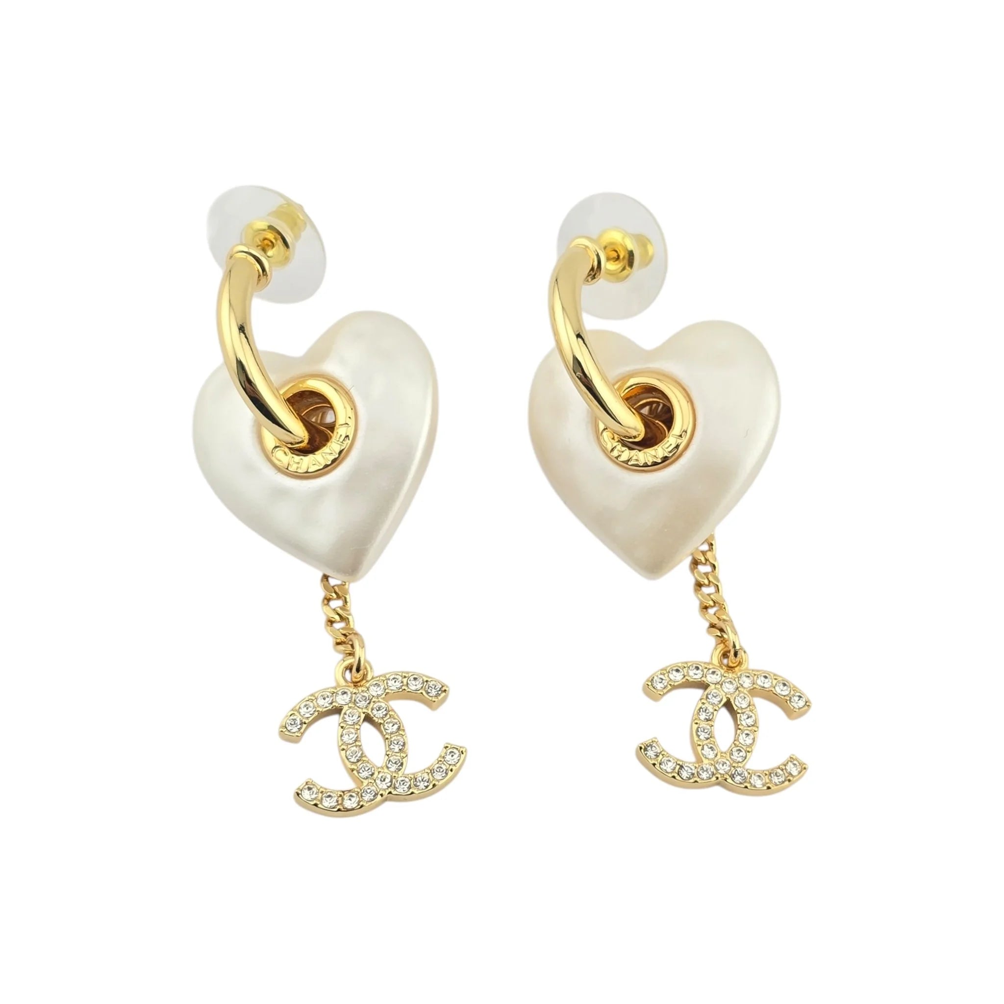 Chanel CC White Resin Heart Chain Earrings CHANEL