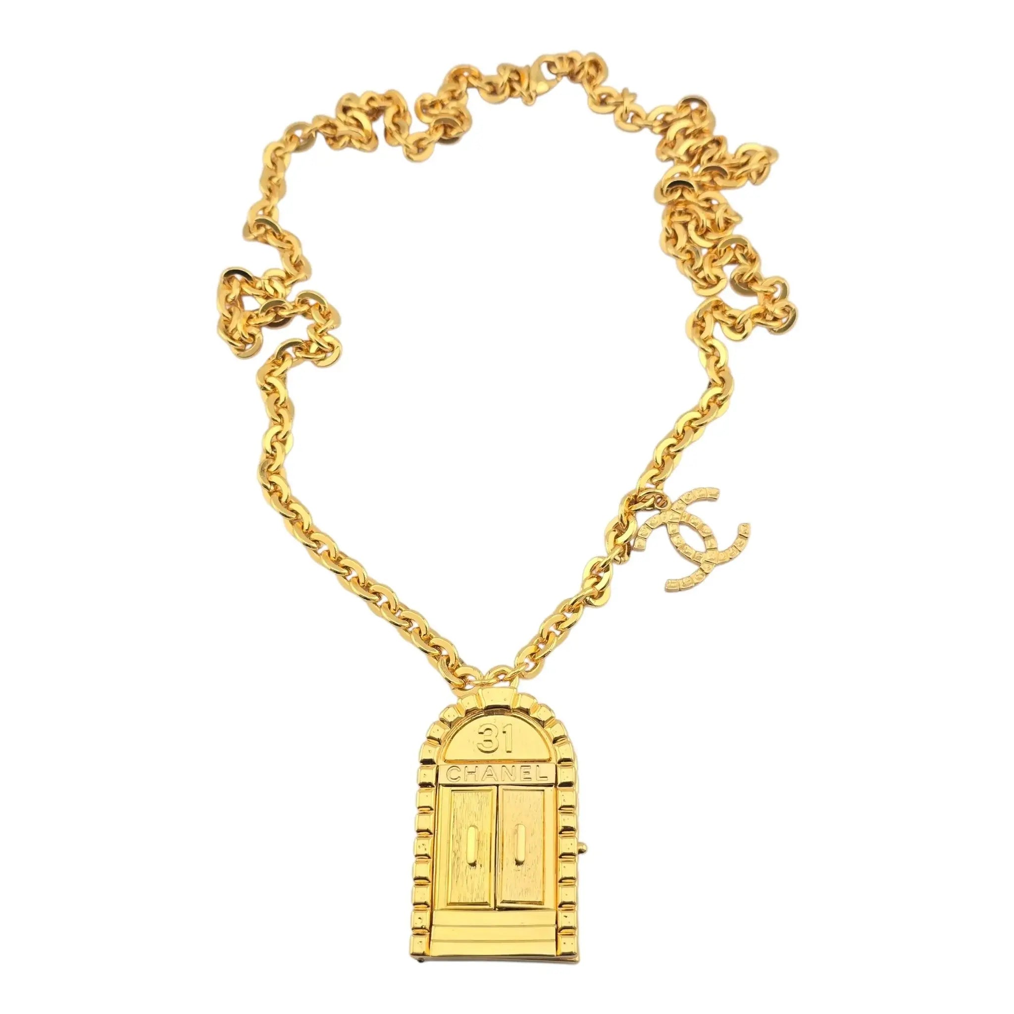 Chanel CC Metal 31 Rue Cambon Door Long Necklace Gold B22 CHANEL