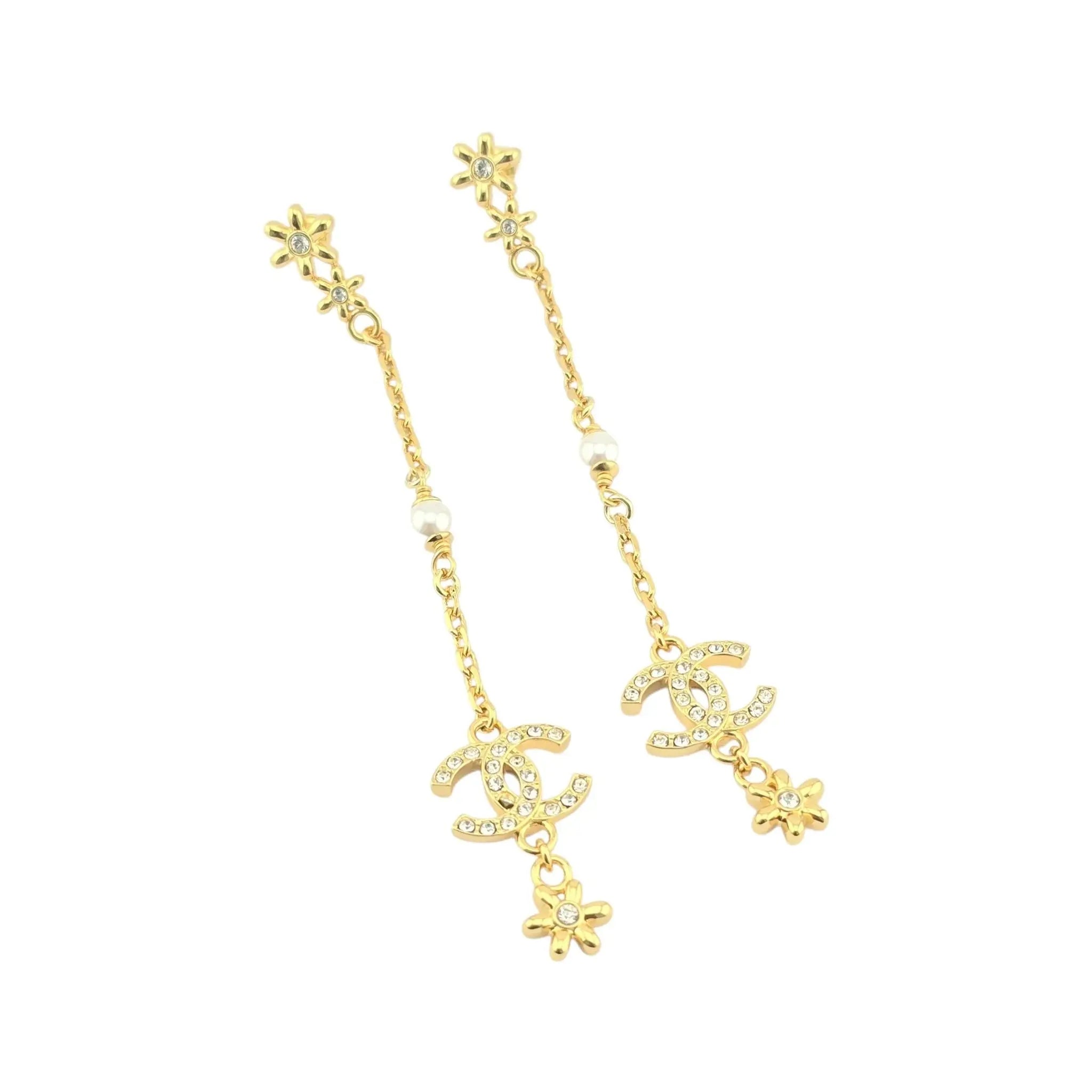 Chanel CC Gold Crystal Floral Drop Earrings 2023 CHANEL